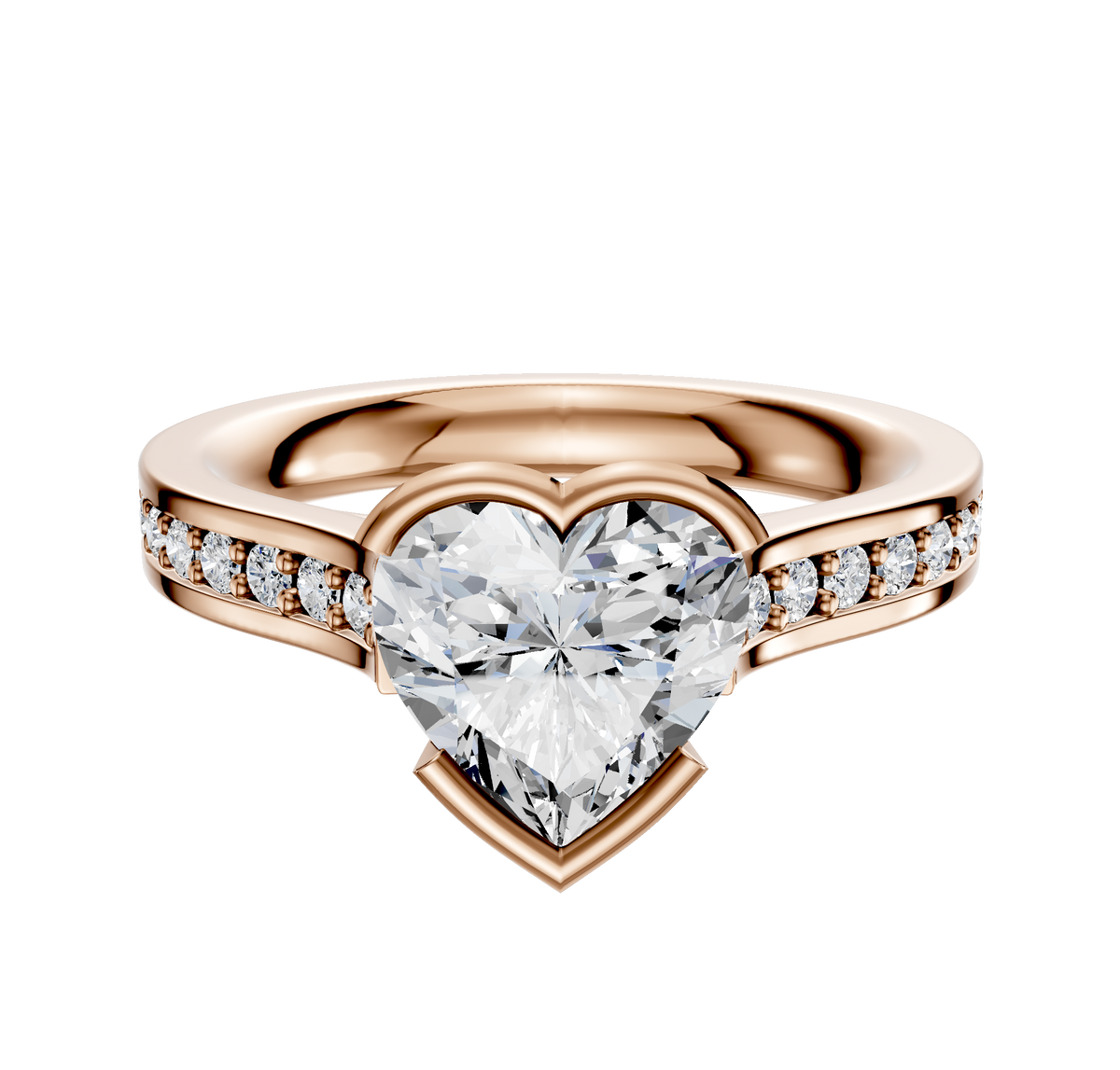 The 14K Rose Gold Bezel Half Bezel East/West Cathedral Flat 1-Row-Pave 2.5mm Engagement Ring features a striking design with sparkling diamonds set along the band for an elegant look.