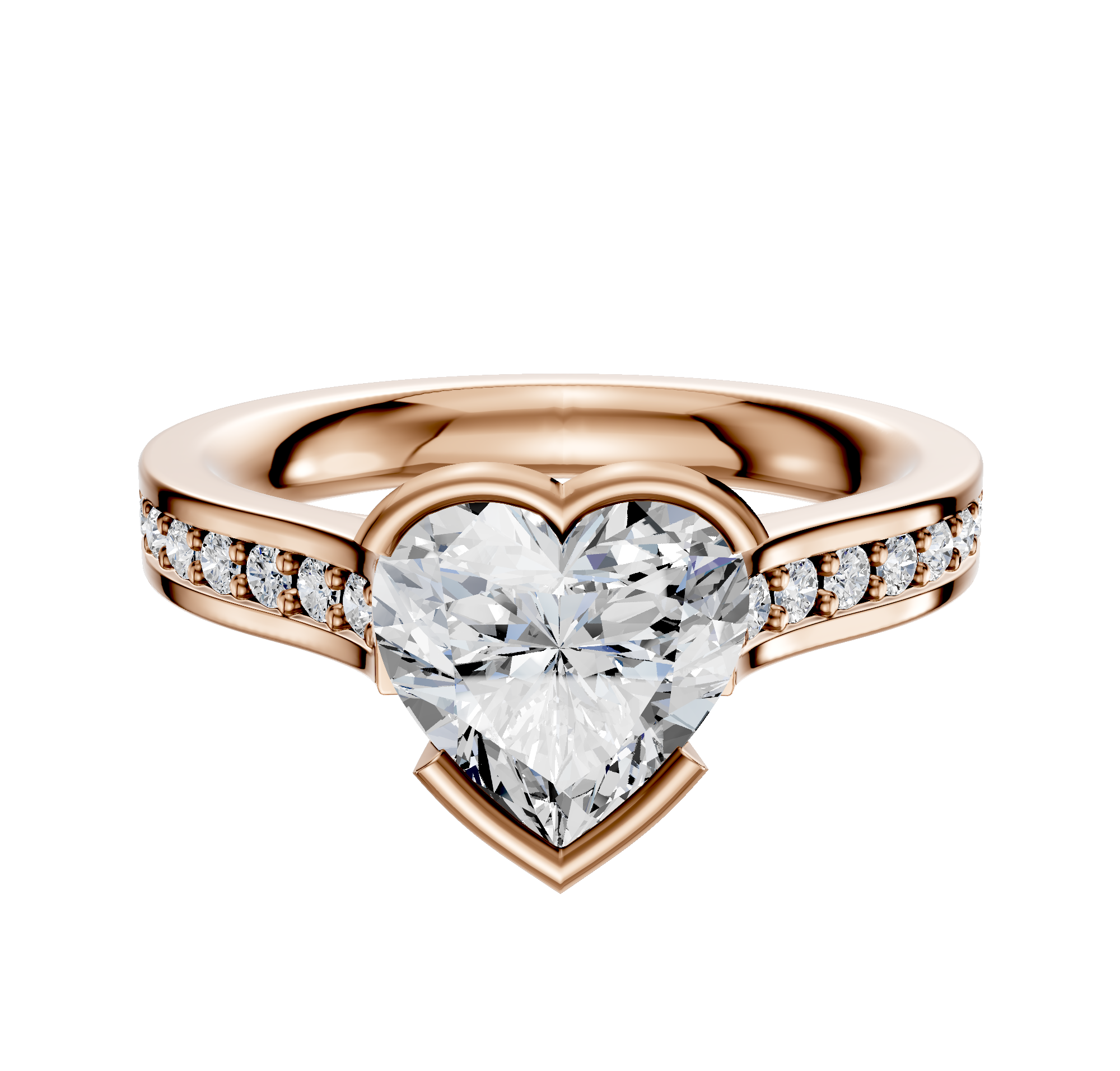 The 14K Rose Gold Bezel Half Bezel East/West Cathedral Flat 1-Row-Pave 2.5mm Engagement Ring features a striking design with sparkling diamonds set along the band for an elegant look.