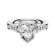 An 18K white gold engagement ring featuring a cathedral setting with a flat band, bezel half bezel design, and a row of pave-set diamonds. Shown on a plain white background.