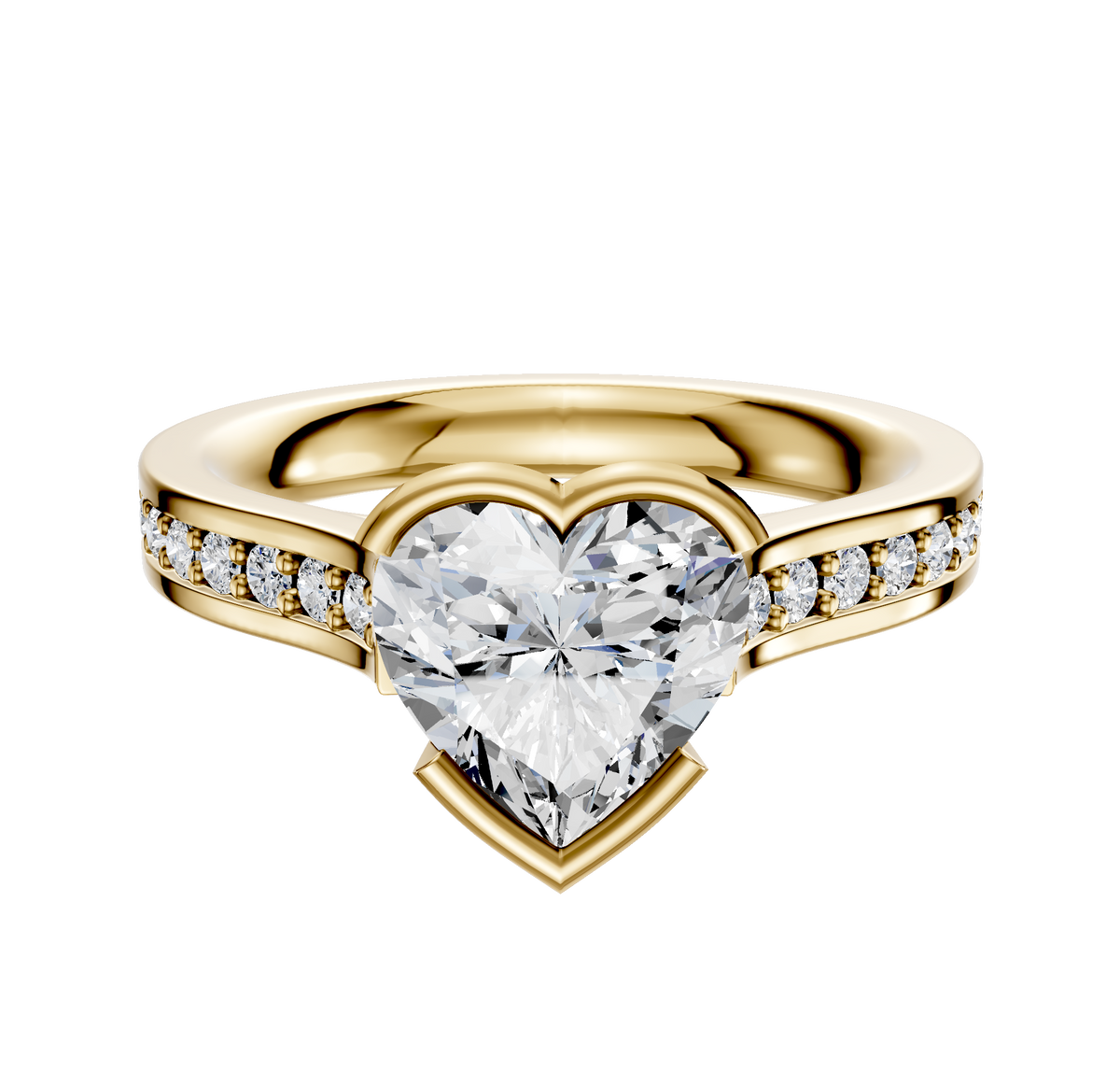 A 14K yellow gold East/West cathedral engagement ring with a bezel-set centerpiece and a flat band featuring a single row of pave-set diamonds, shown on a white background.