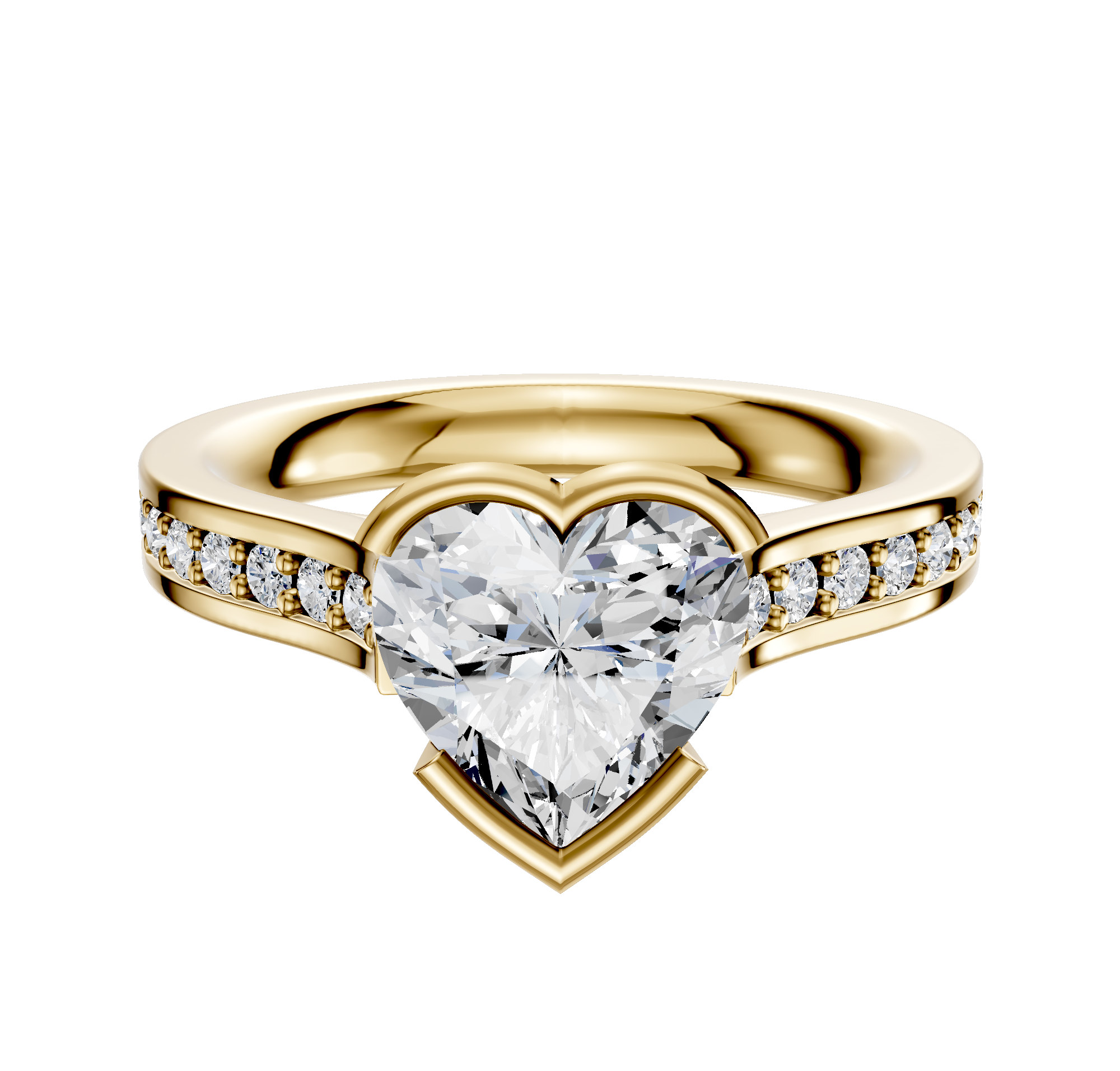 A 14K yellow gold East/West cathedral engagement ring with a bezel-set centerpiece and a flat band featuring a single row of pave-set diamonds, shown on a white background.