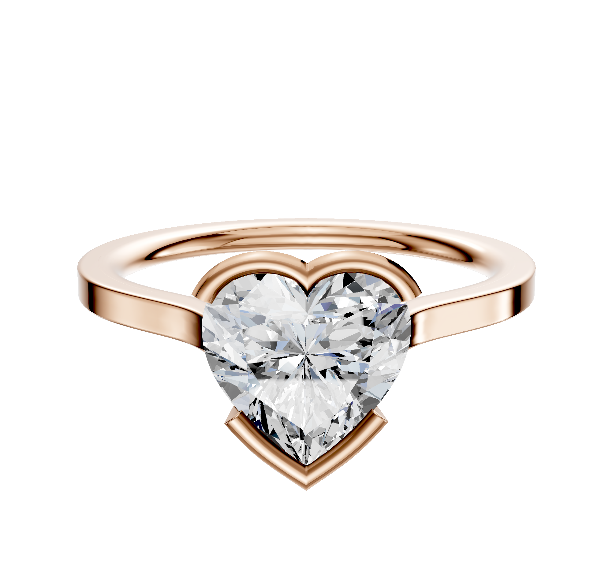 The 14K Rose Gold Bezel Half Bezel East/West Cathedral Flat 1.5mm Engagement Ring is showcased with a striking, heart-shaped diamond centerpiece against a clean white background.