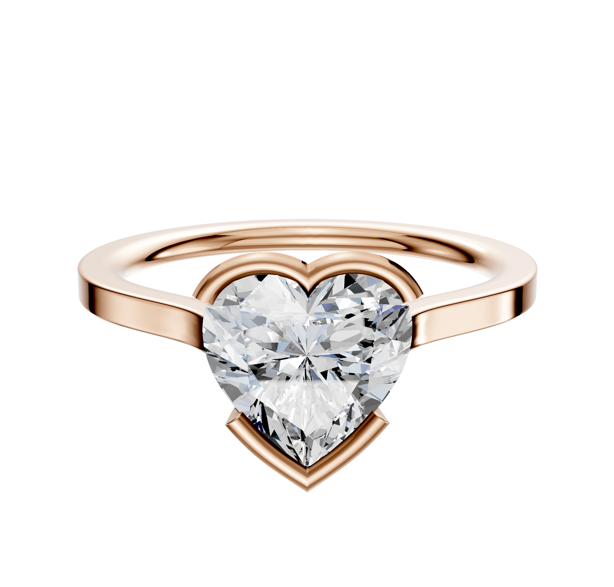 An 18K rose gold bezel half bezel east/west cathedral flat 1.5mm engagement ring is displayed on a simple white background.