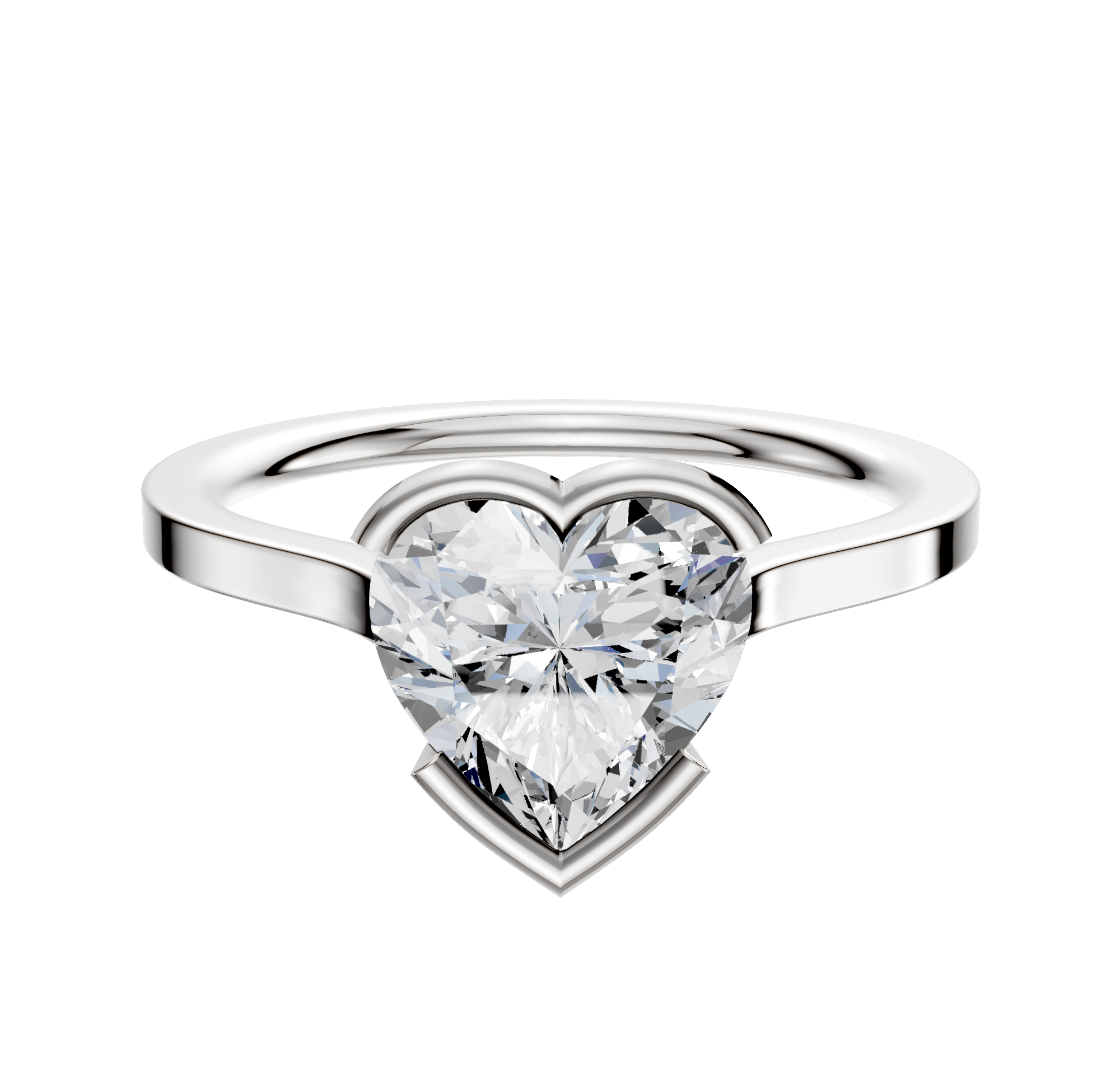 A 14K white gold bezel half bezel East/West cathedral flat 1.5mm engagement ring is displayed against a plain white background.