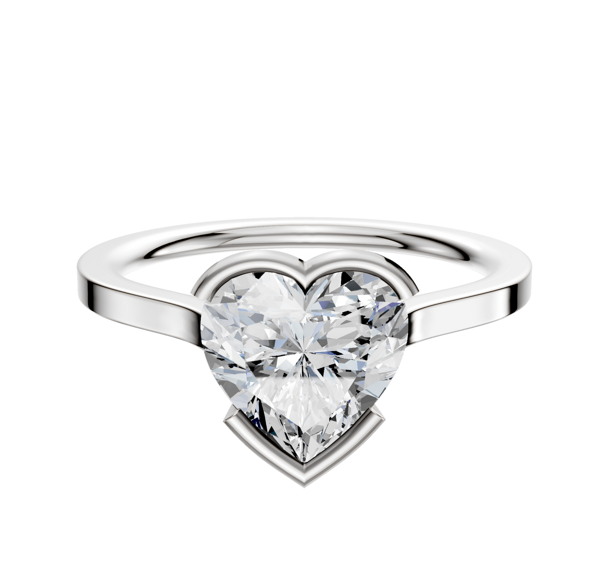 An 18K white gold bezel half bezel east/west cathedral flat 1.5mm engagement ring is showcased, featuring a large heart-shaped clear diamond set at the center against a plain white background.