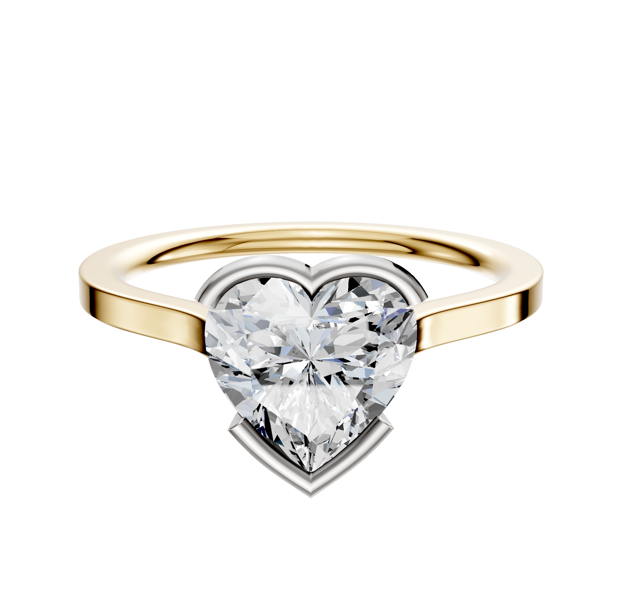 The 14K Two Tone Bezel Half Bezel East/West Cathedral Flat 1.5mm Engagement Ring is shown on a plain white background, featuring a gold band and a large heart-shaped diamond in a sleek white metal setting.