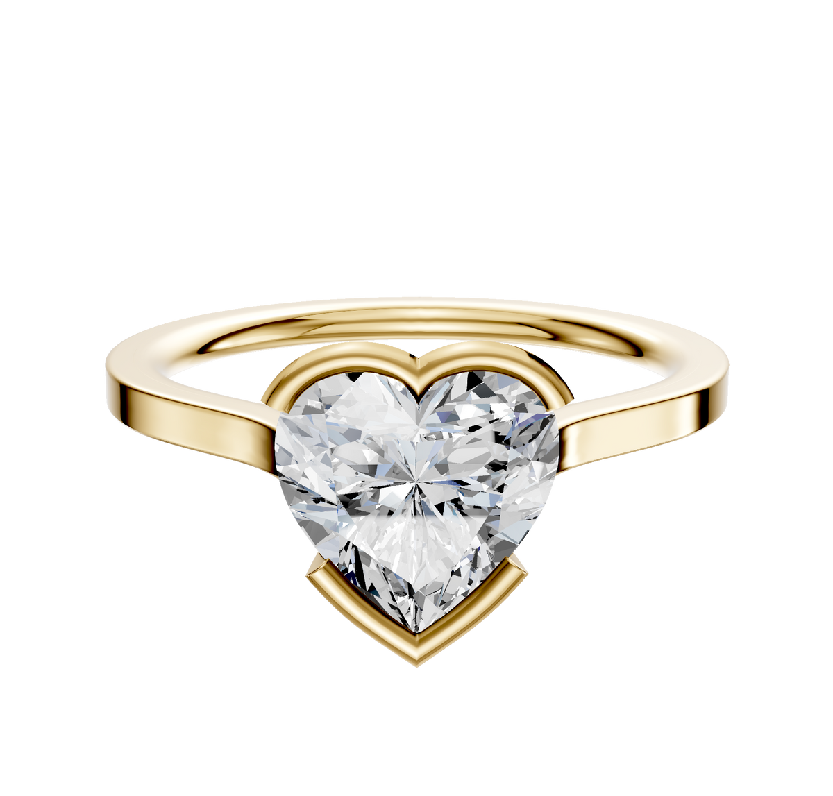 An 18K yellow gold engagement ring with a 1.5mm cathedral flat band and half bezel east/west setting, presented on a plain white background.