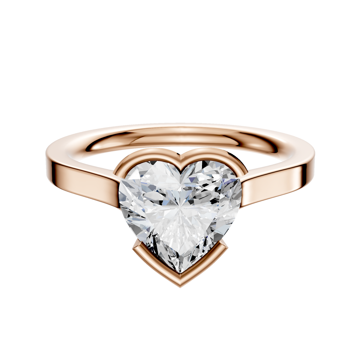 An 18K rose gold bezel half bezel east/west cathedral flat 2.0mm engagement ring is shown against a white background.