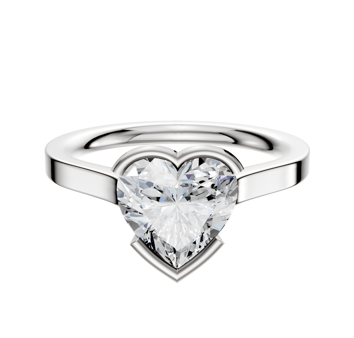 A 14K white gold bezel half bezel east/west cathedral flat 2.0mm engagement ring with a large heart-shaped clear diamond centerpiece, features a polished band and is displayed against a plain white background.