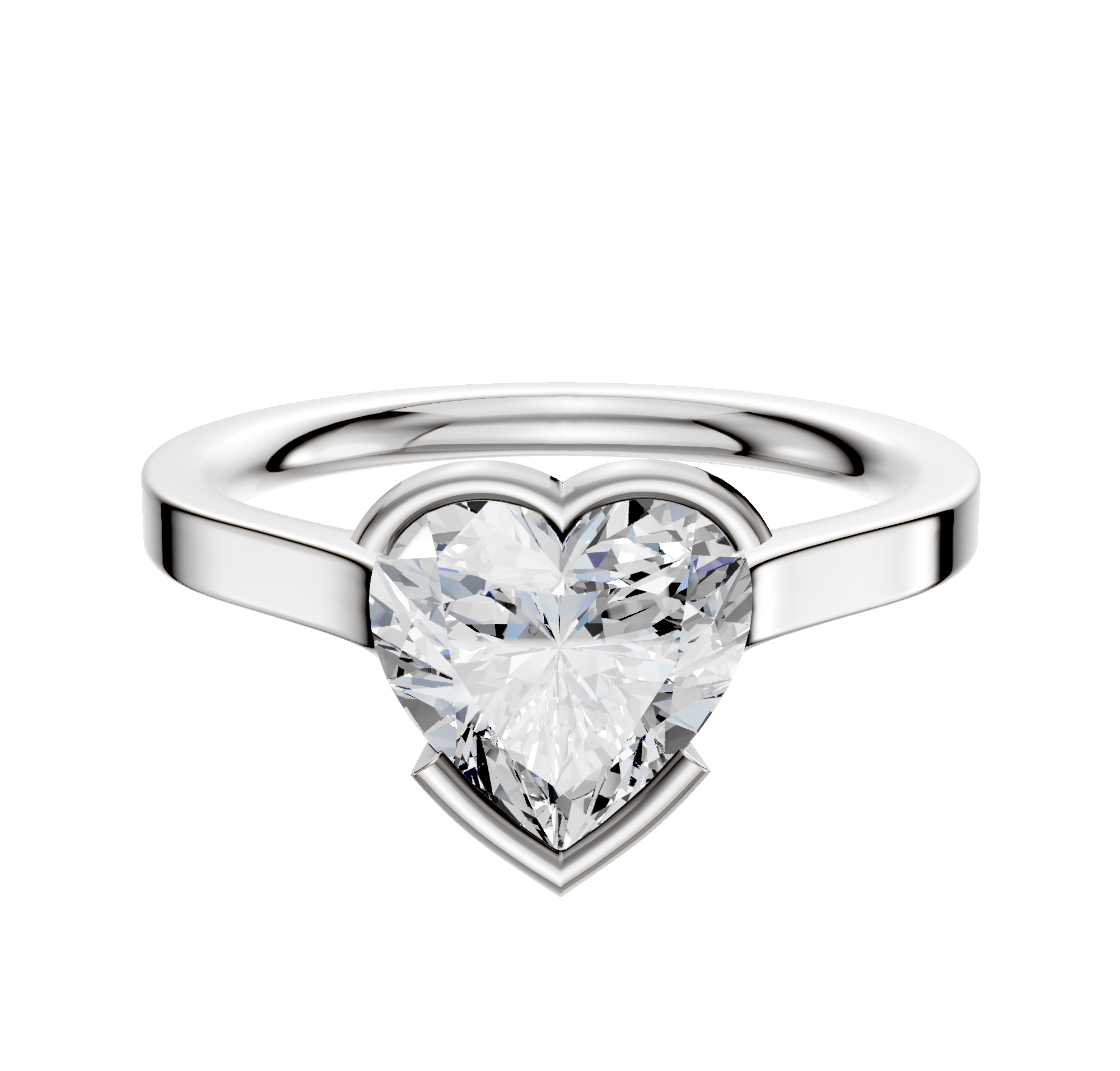An 18K white gold Bezel Half Bezel East/West Cathedral Flat 2.0mm engagement ring is displayed on a plain white background.