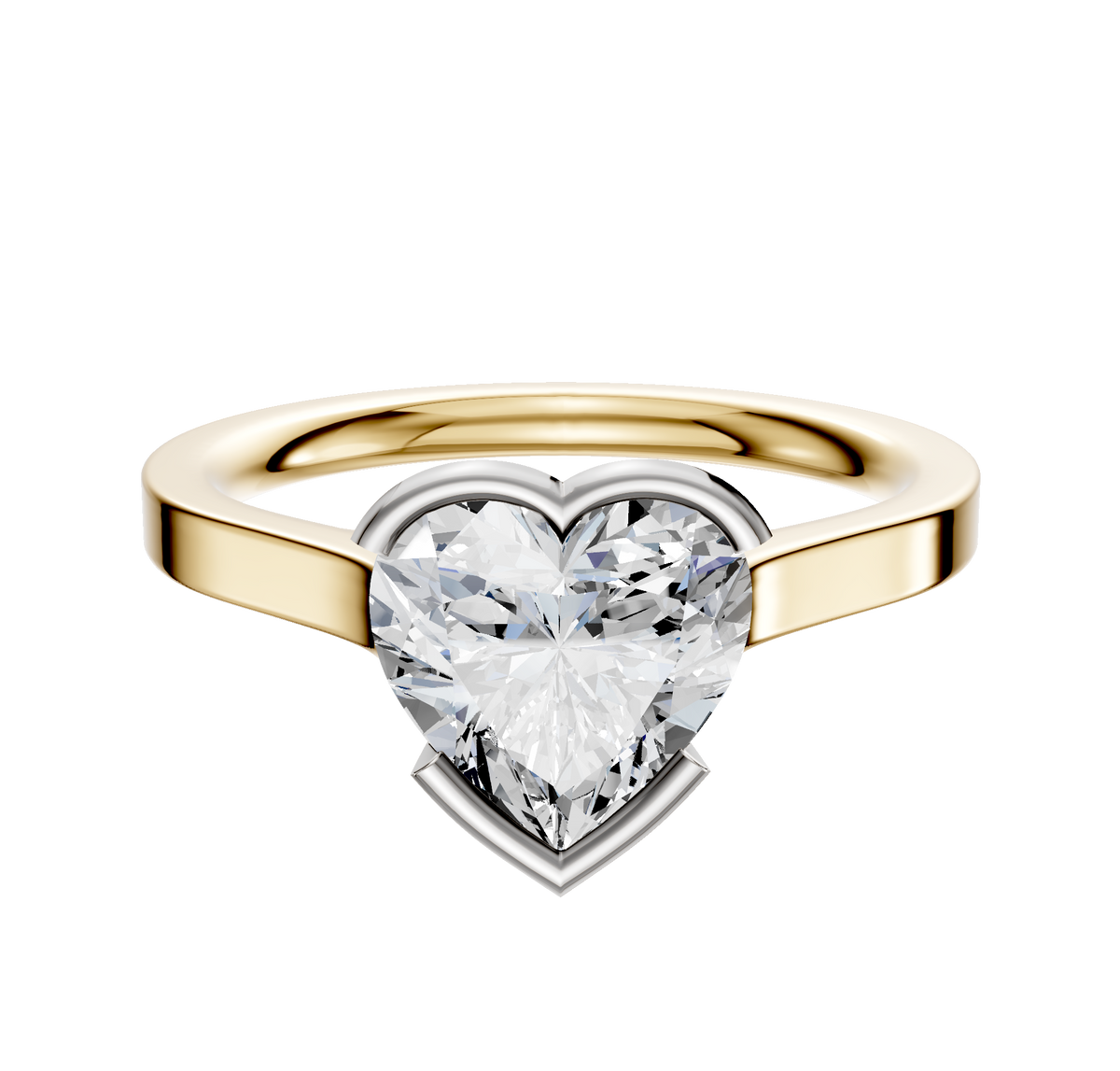 A 14K two tone bezel half bezel East/West cathedral flat 2.0mm engagement ring is shown against a plain white background.