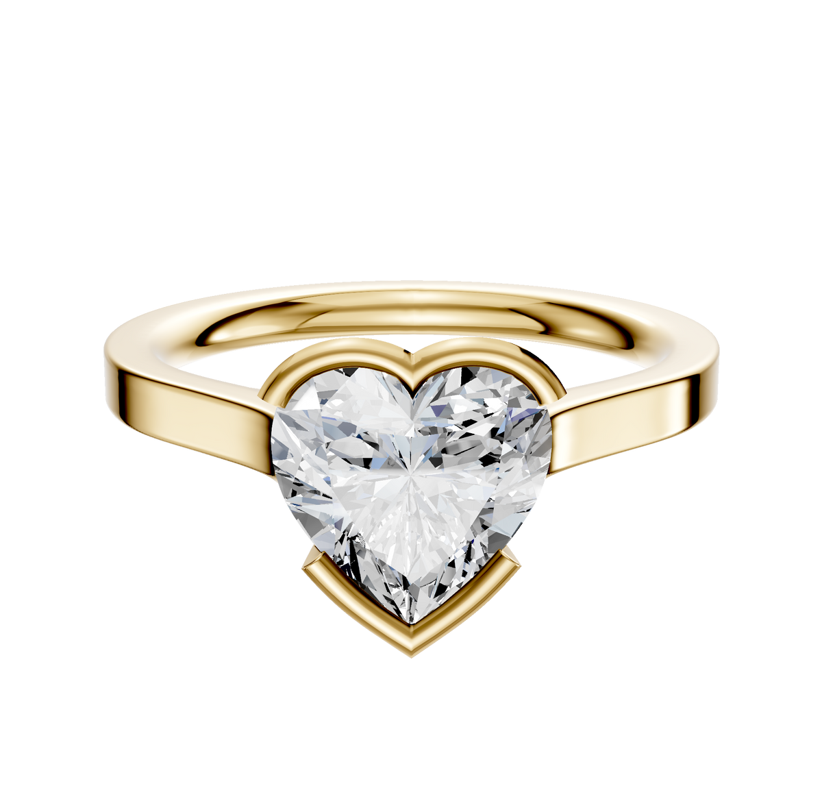 A 14K yellow gold bezel half bezel East/West cathedral flat 2.0mm engagement ring shown against a plain white background.