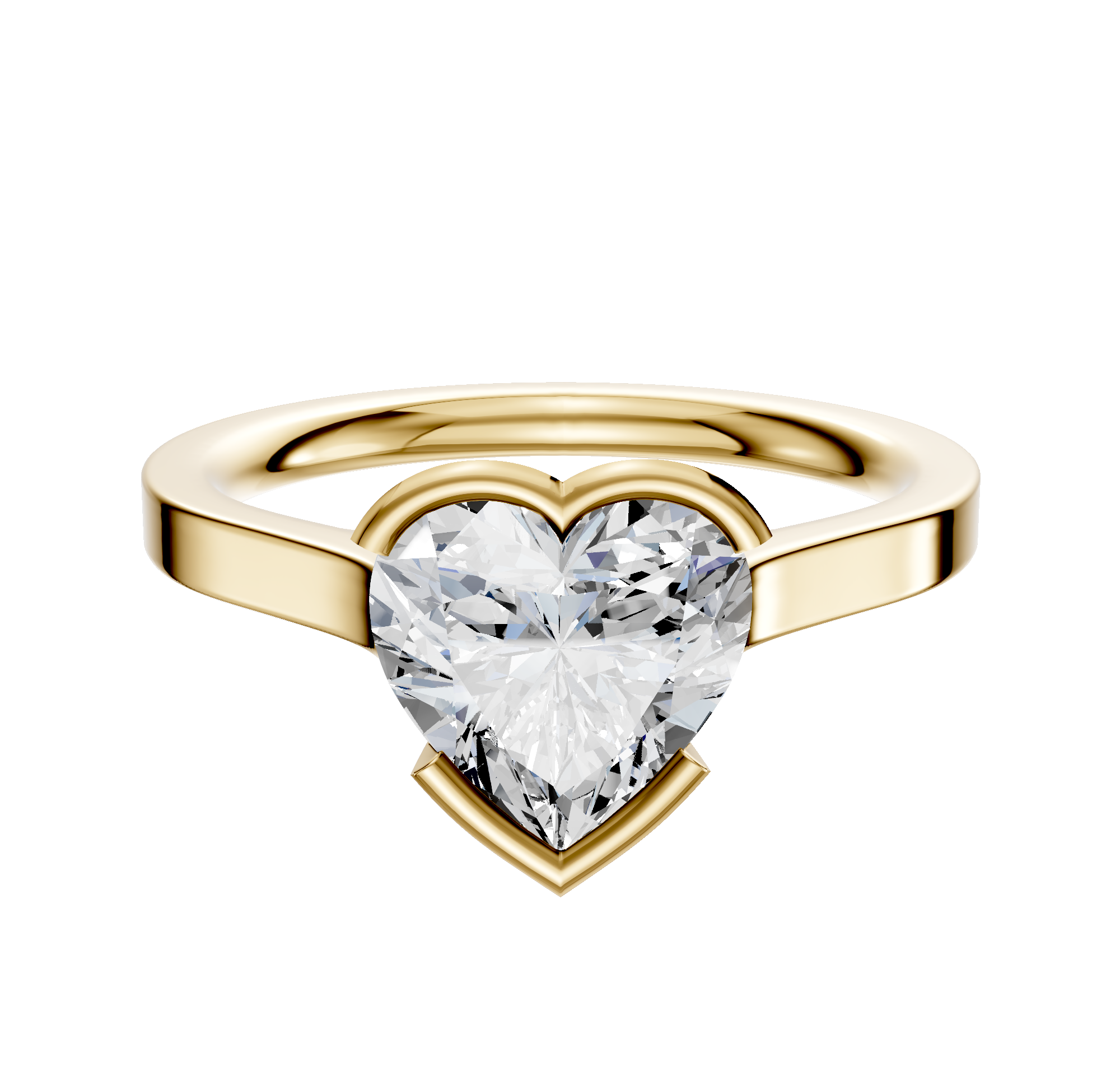 A 14K yellow gold bezel half bezel East/West cathedral flat 2.0mm engagement ring shown against a plain white background.