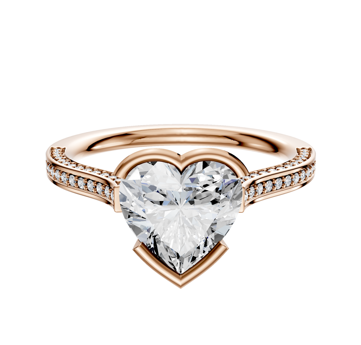 A 14K rose gold Cathedral engagement ring with a flat band, half bezel east/west setting, and three rows of 2.0mm pave diamonds, shown on a plain white background.