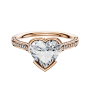 A 14K rose gold Cathedral engagement ring with a flat band, half bezel east/west setting, and three rows of 2.0mm pave diamonds, shown on a plain white background.