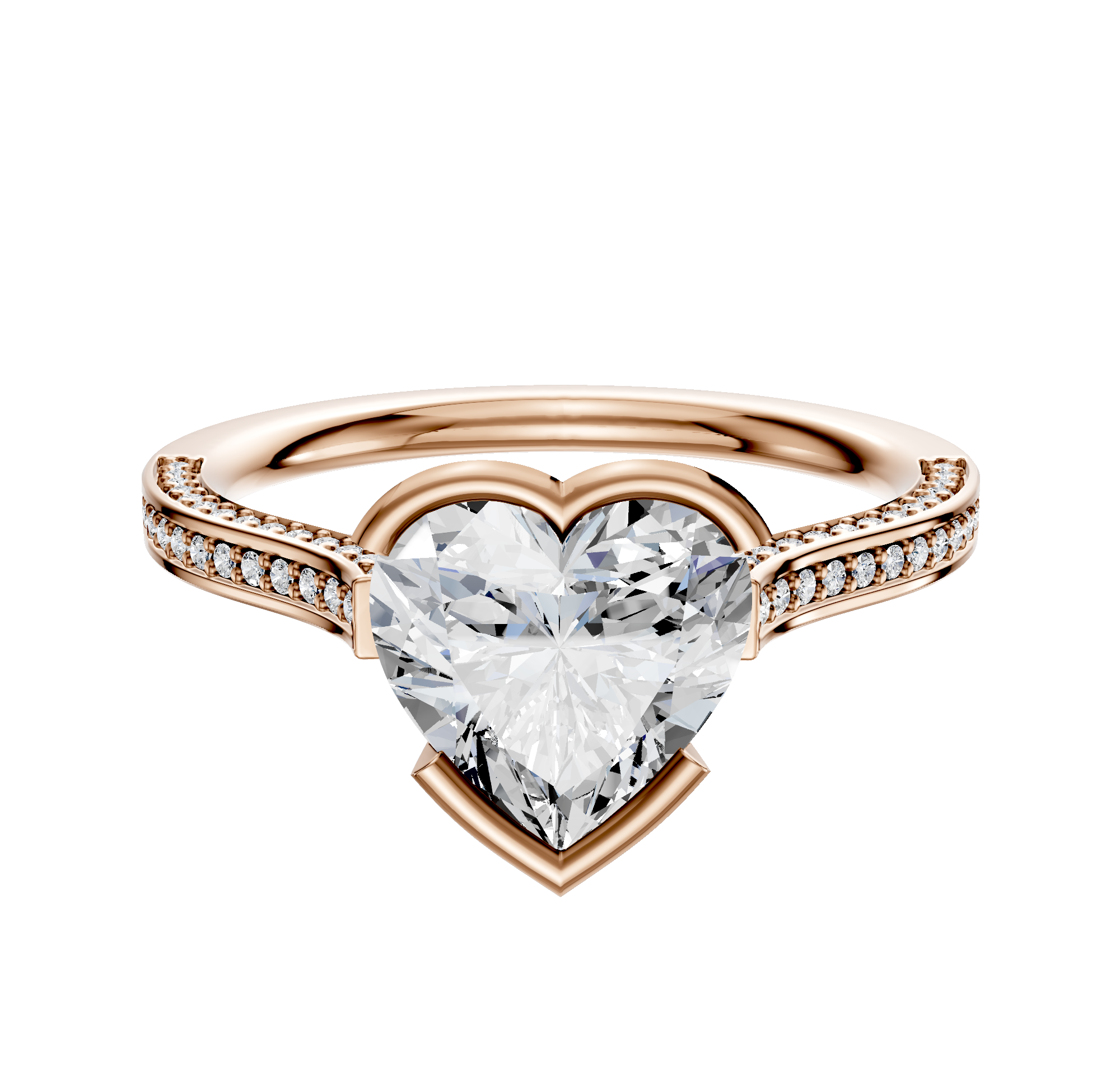 A 14K rose gold Cathedral engagement ring with a flat band, half bezel east/west setting, and three rows of 2.0mm pave diamonds, shown on a plain white background.