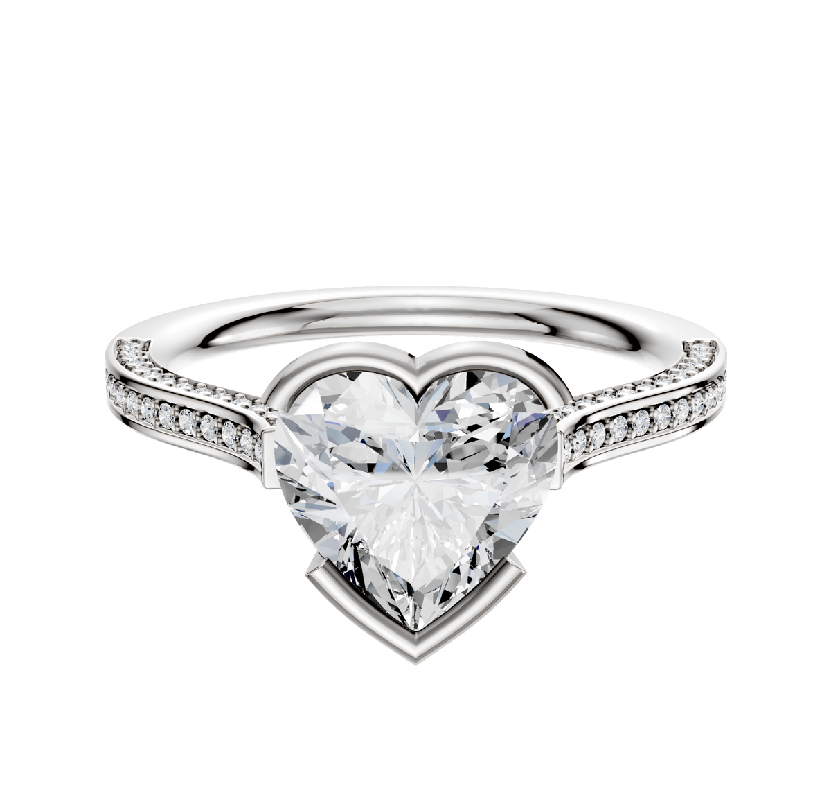 A 14K two-tone bezel half bezel east/west cathedral flat 3-row-pave 2.0mm engagement ring, featuring sparkling diamonds along the band, displayed on a white background.
