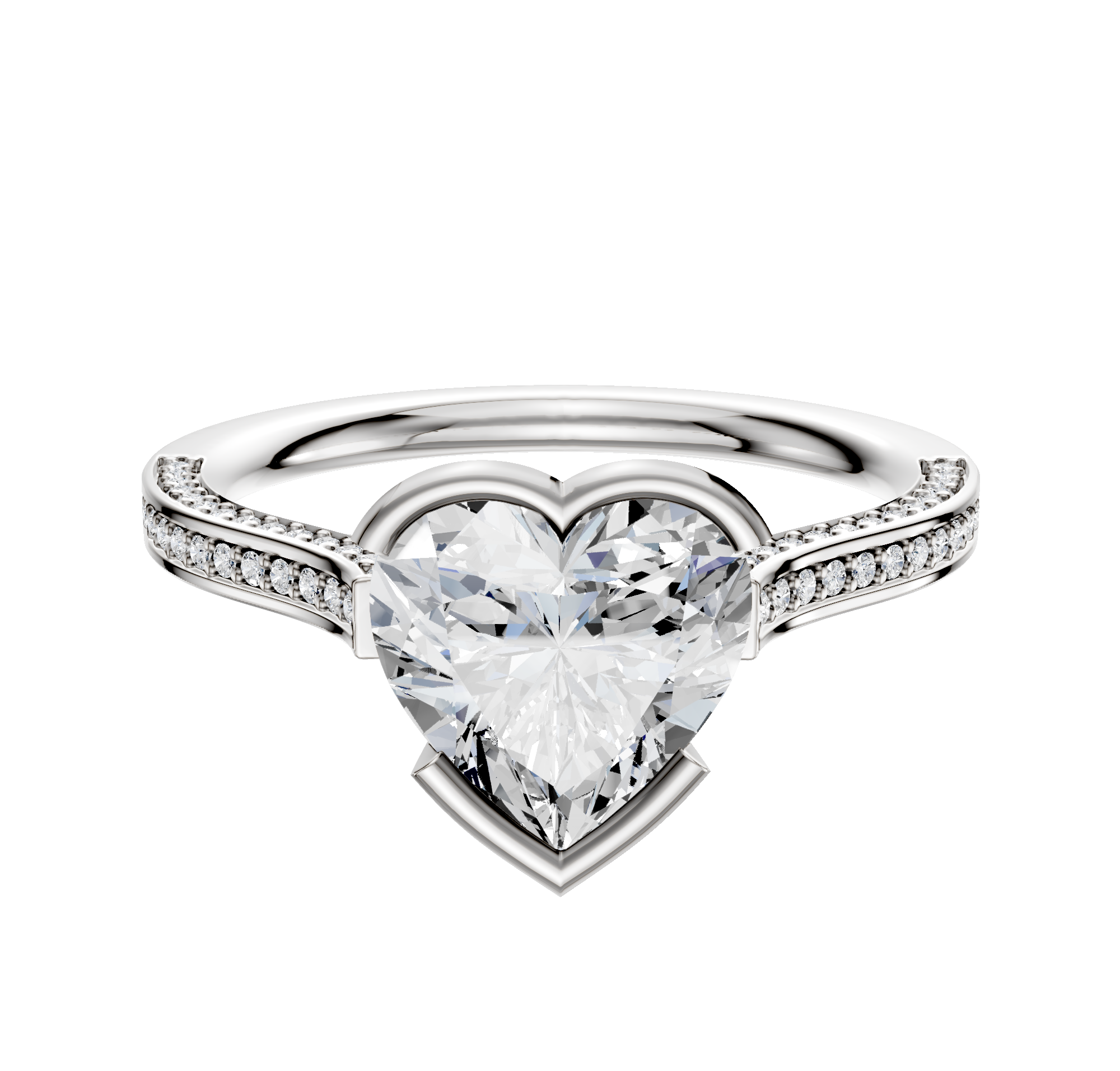 An 18K two-tone engagement ring with a flat cathedral band, featuring a half bezel east/west setting and three rows of 2.0mm pave diamonds. Displayed on a plain white background.