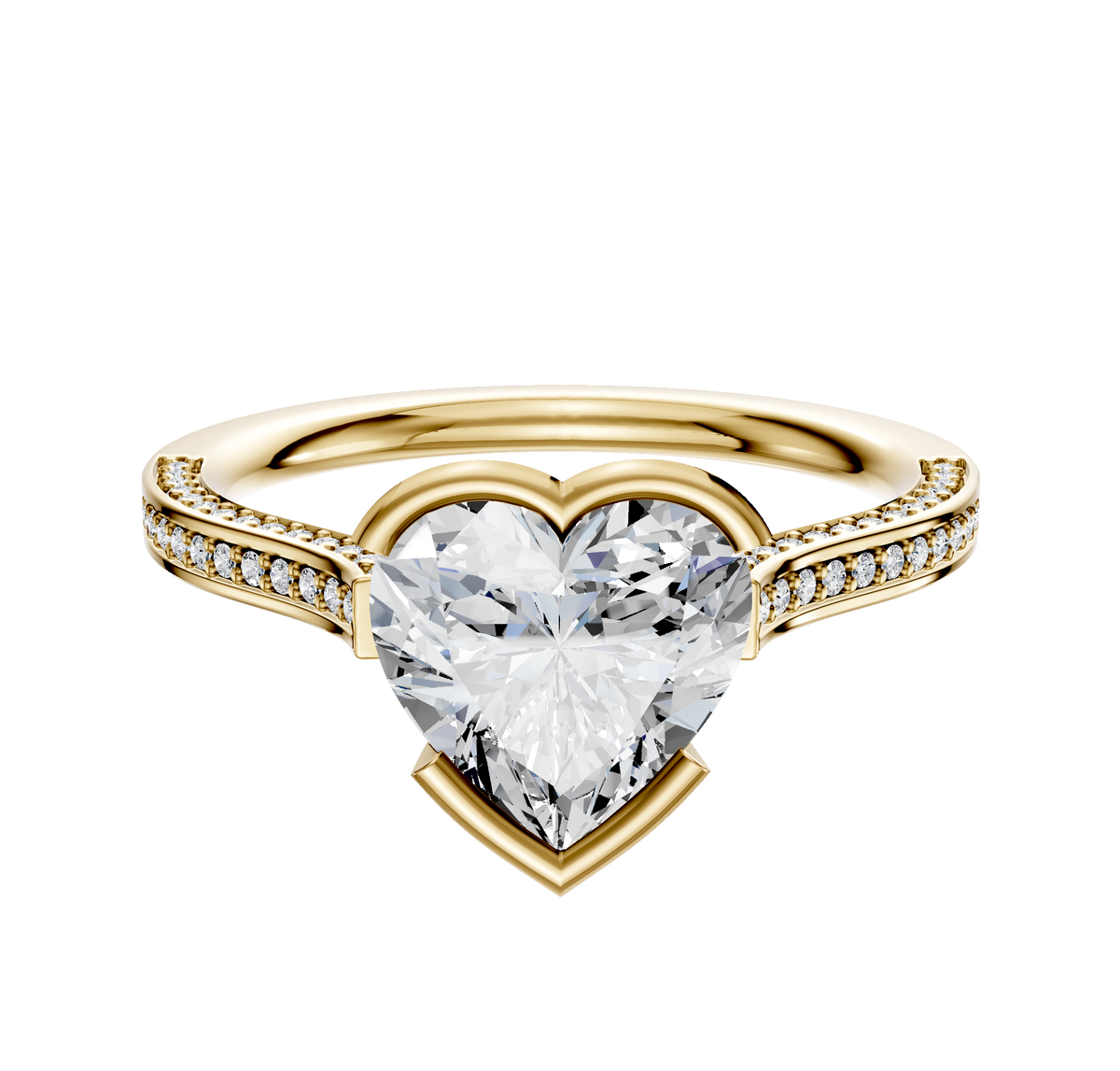 A 14K yellow gold Bezel Half Bezel East/West Cathedral Flat 3-Row-Pave 2.0mm engagement ring, featuring a striking design and multiple rows of pave diamonds, displayed on a plain white background.