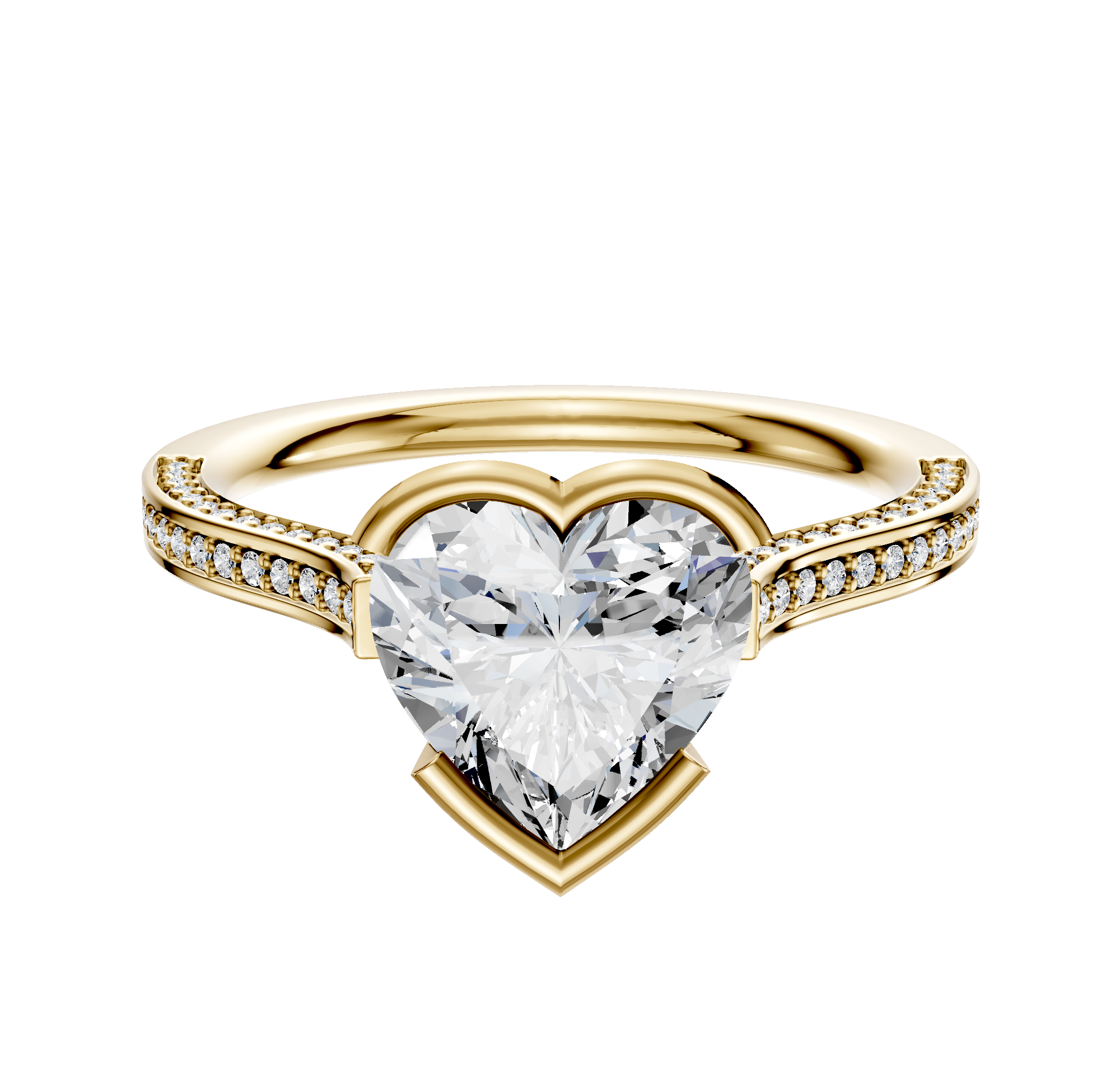 The 18K Yellow Gold Bezel Half Bezel East/West Cathedral Flat 3-Row-Pave 2.0mm Engagement Ring features elegant pave-set diamonds along the band in a unique, luxurious design that embodies both sophistication and romance.