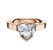 A 14K rose gold bezel half bezel east/west cathedral flat 3.0mm engagement ring is displayed on a plain white background.