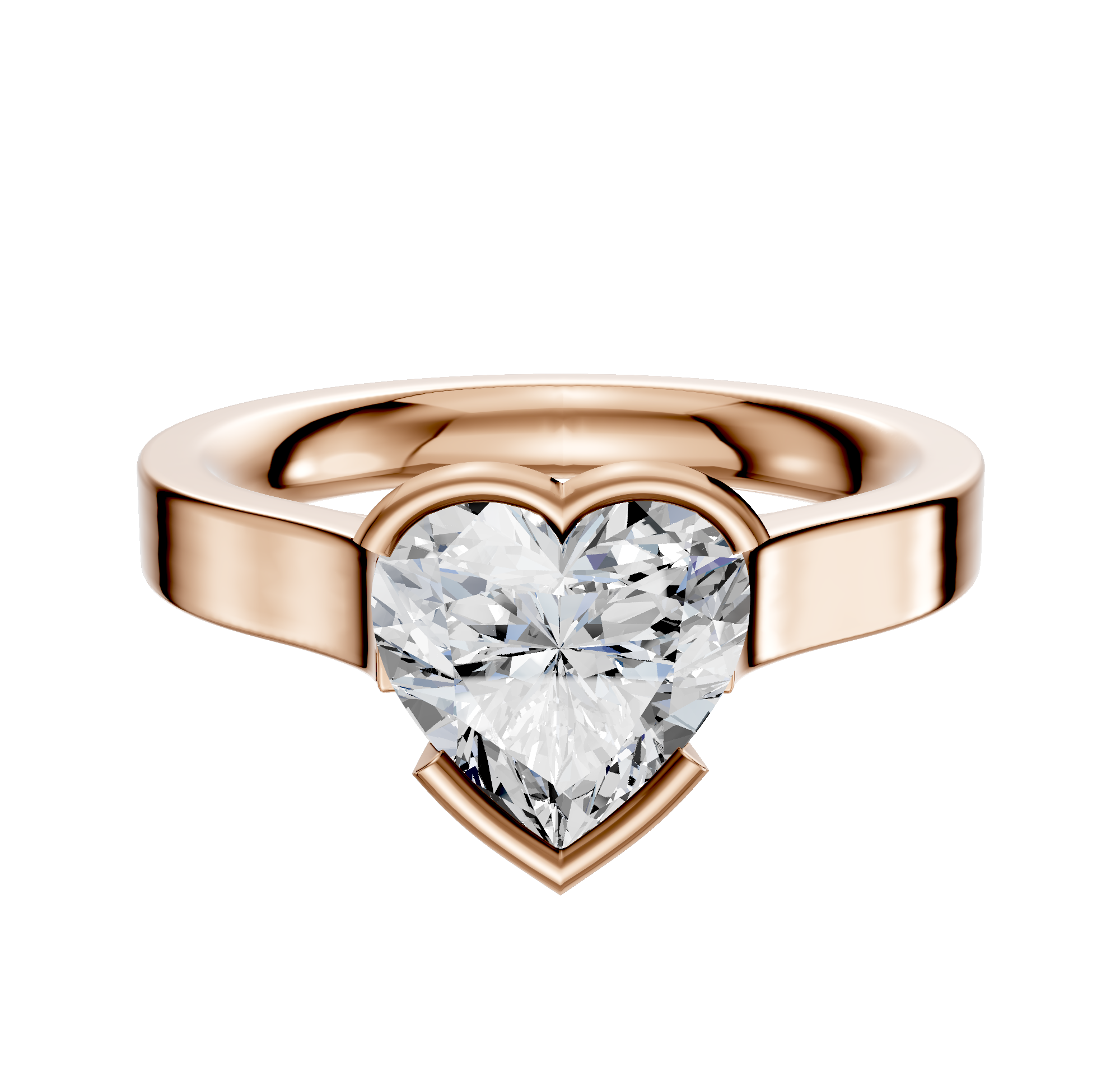 A 14K rose gold bezel half bezel east/west cathedral flat 3.0mm engagement ring is displayed on a plain white background.