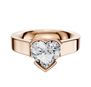A 14K rose gold engagement ring with a wide, flat 4.0mm band, featuring a modern east/west cathedral setting in an elegant half bezel style.