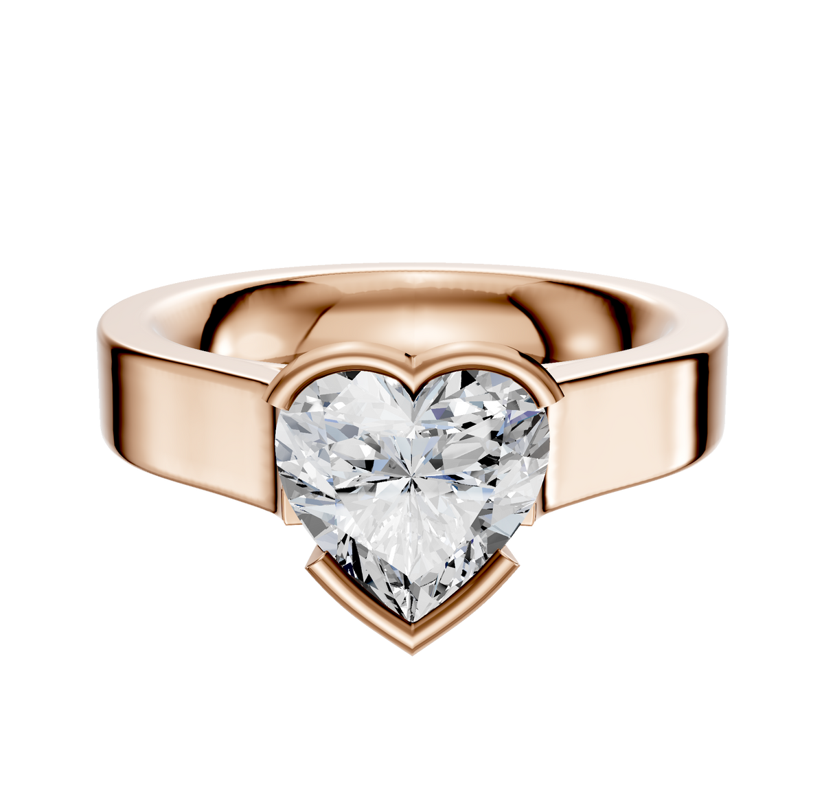 The 18K Rose Gold Bezel Half Bezel East/West Cathedral Flat 4.0mm Engagement Ring features a bold, polished band and a prominent center stone, beautifully displayed against a plain white background.