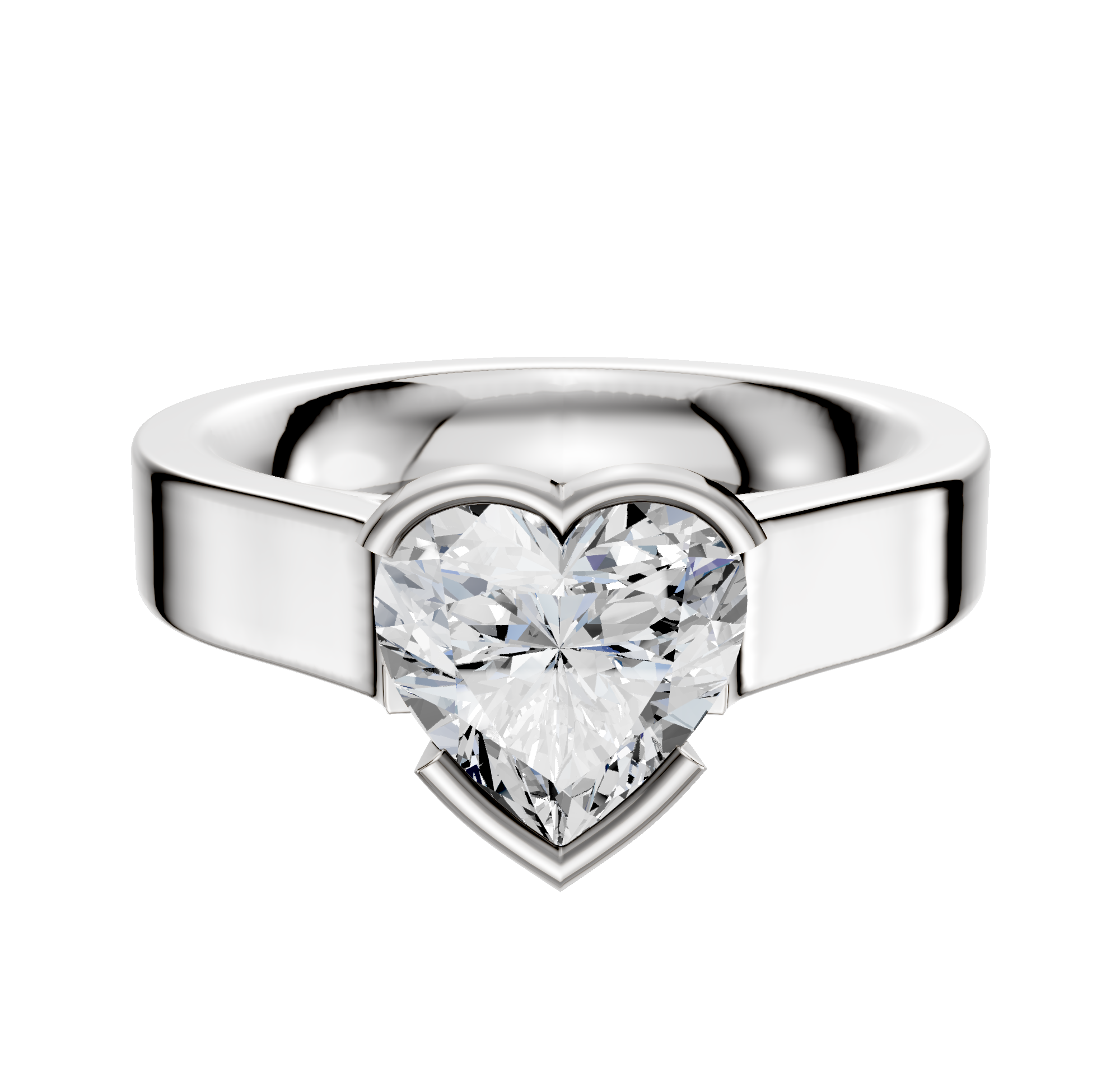 A 14K white gold bezel half bezel East/West cathedral flat 4.0mm engagement ring is displayed on a plain white background.