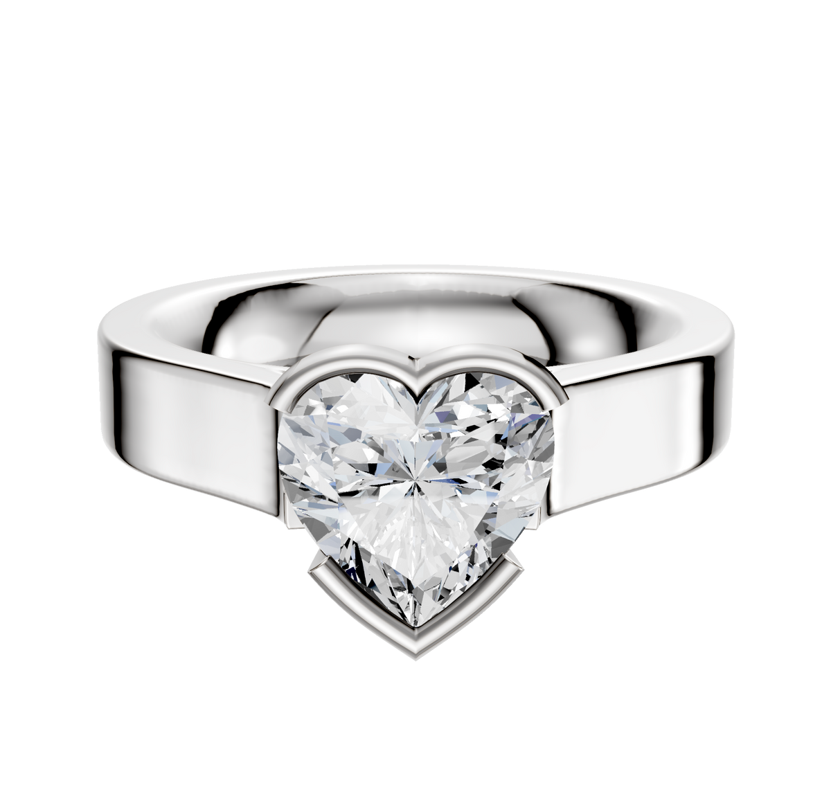 A platinum engagement ring named "Platinum Bezel Half Bezel East/West Cathedral Flat 4.0mm" features a sleek 4.0mm band and an elegant center setting, shown against a simple, light background.