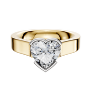 An 18K two-tone engagement ring with a flat 4.0mm band and an east/west cathedral setting, featuring a half bezel that elegantly secures the center stone.