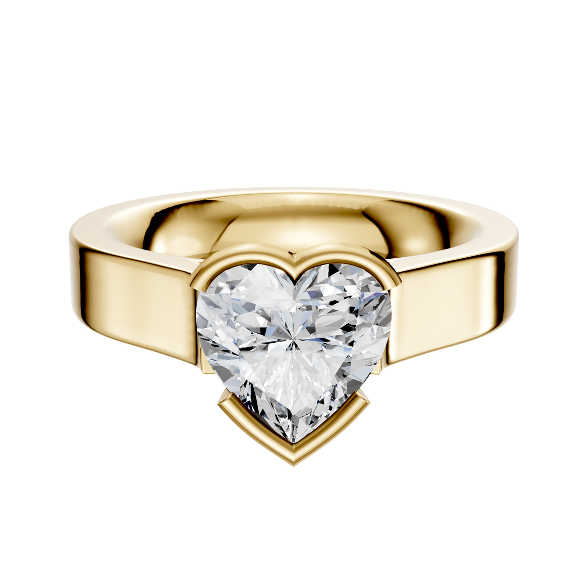 A 14K yellow gold bezel half bezel east/west cathedral flat 4.0mm engagement ring is shown, featuring a sleek, polished band and photographed against a plain white background.