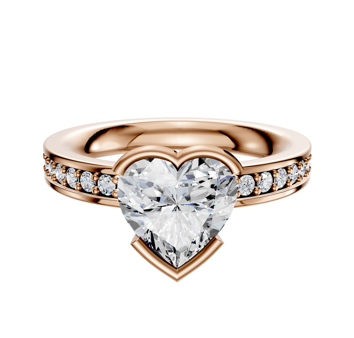 A 14K rose gold engagement ring featuring a classic flat band with east/west bezel setting and a row of sparkling pave diamonds.
