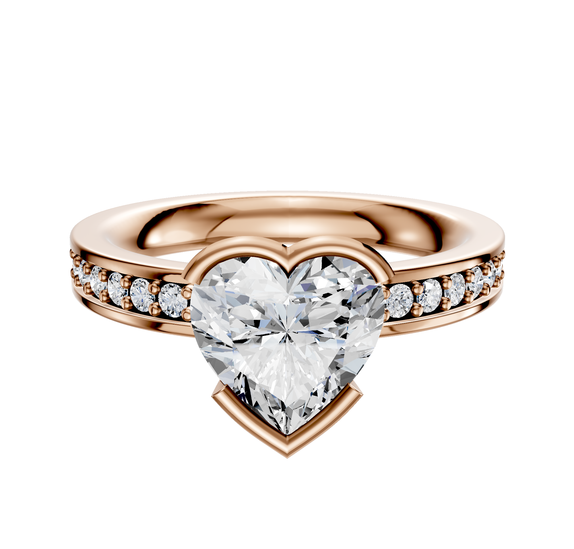 A 14K rose gold engagement ring featuring a classic flat band with east/west bezel setting and a row of sparkling pave diamonds.