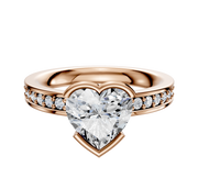 The 18K Rose Gold Bezel Half Bezel East/West Classic Flat 1-Row-Pave 2.5mm Engagement Ring features a stunning center stone with a row of sparkling pave diamonds set along the elegant rose gold band.