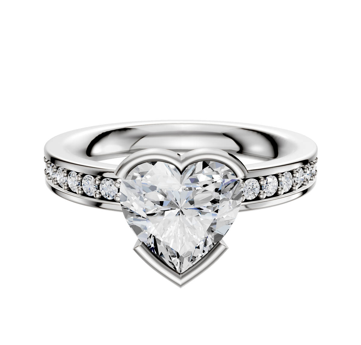 The Platinum Bezel Half Bezel East/West Classic Flat 1-Row-Pave 2.5mm Engagement Ring showcases a central diamond with a row of smaller diamonds along the band, all set in platinum against a white background.