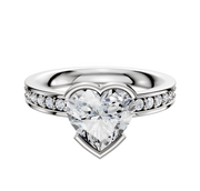 The Platinum Bezel Half Bezel East/West Classic Flat 1-Row-Pave 2.5mm Engagement Ring showcases a central diamond with a row of smaller diamonds along the band, all set in platinum against a white background.