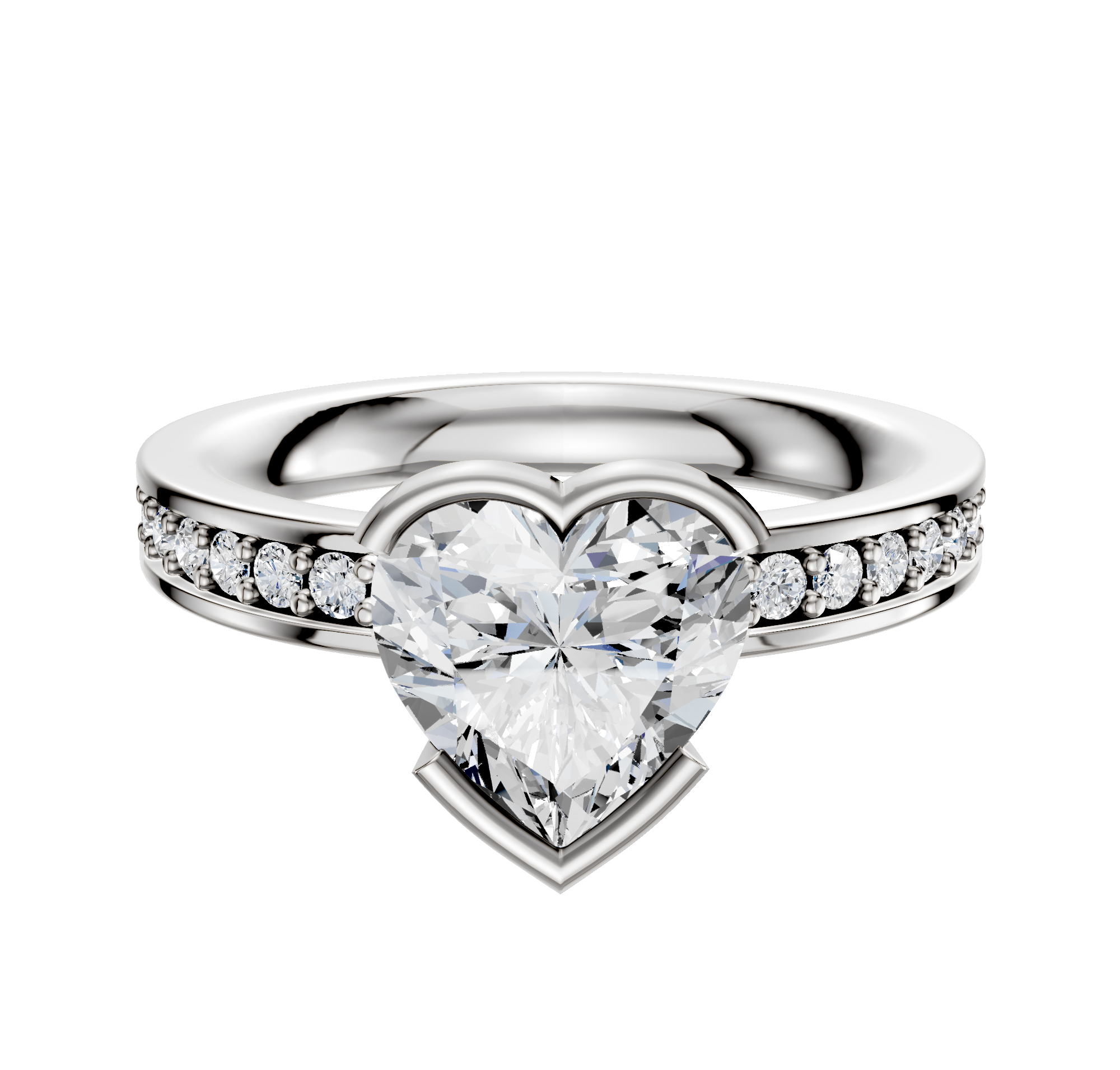 The Platinum Bezel Half Bezel East/West Classic Flat 1-Row-Pave 2.5mm Engagement Ring showcases a central diamond with a row of smaller diamonds along the band, all set in platinum against a white background.