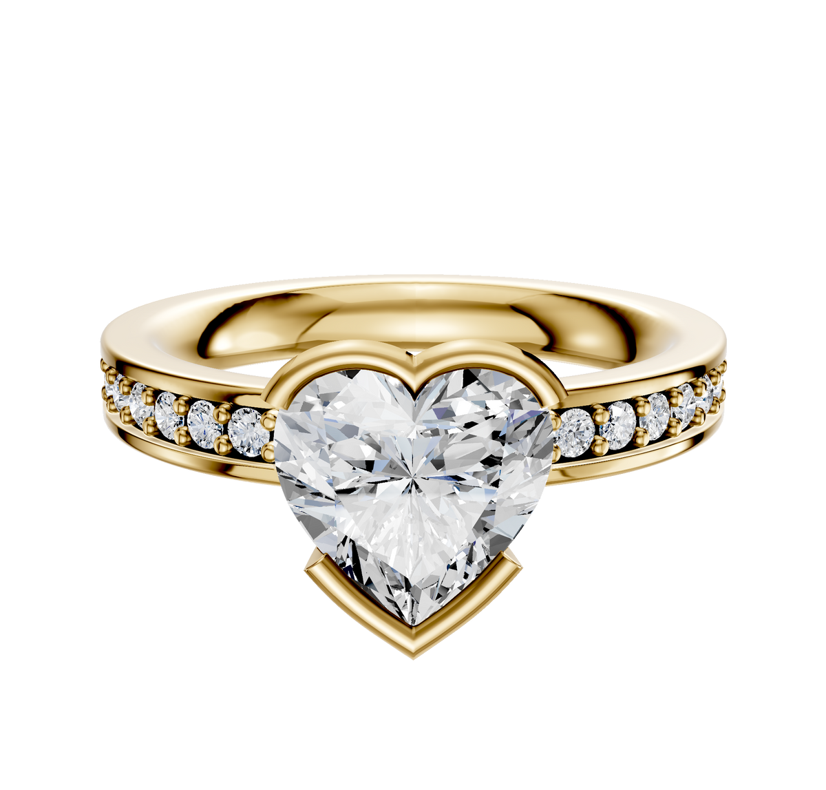 A 14K yellow gold engagement ring featuring a classic flat band with a 1-row pave of round diamonds and a half bezel east/west setting for the center stone.