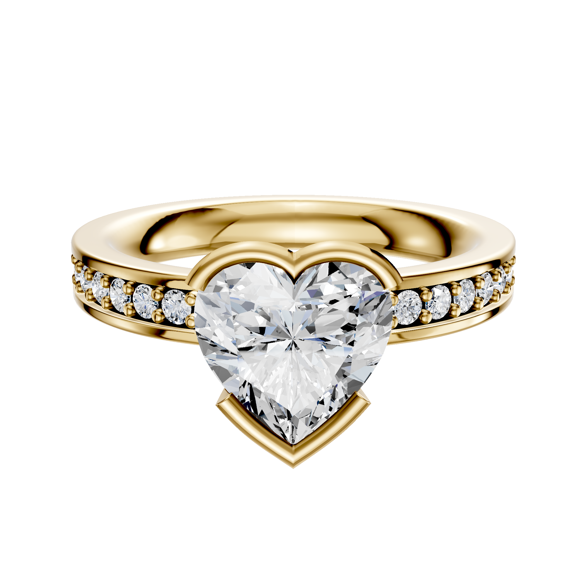 An 18K yellow gold engagement ring featuring a classic flat band with half bezel and east/west setting, accented by a single row of 2.5mm pave diamonds.