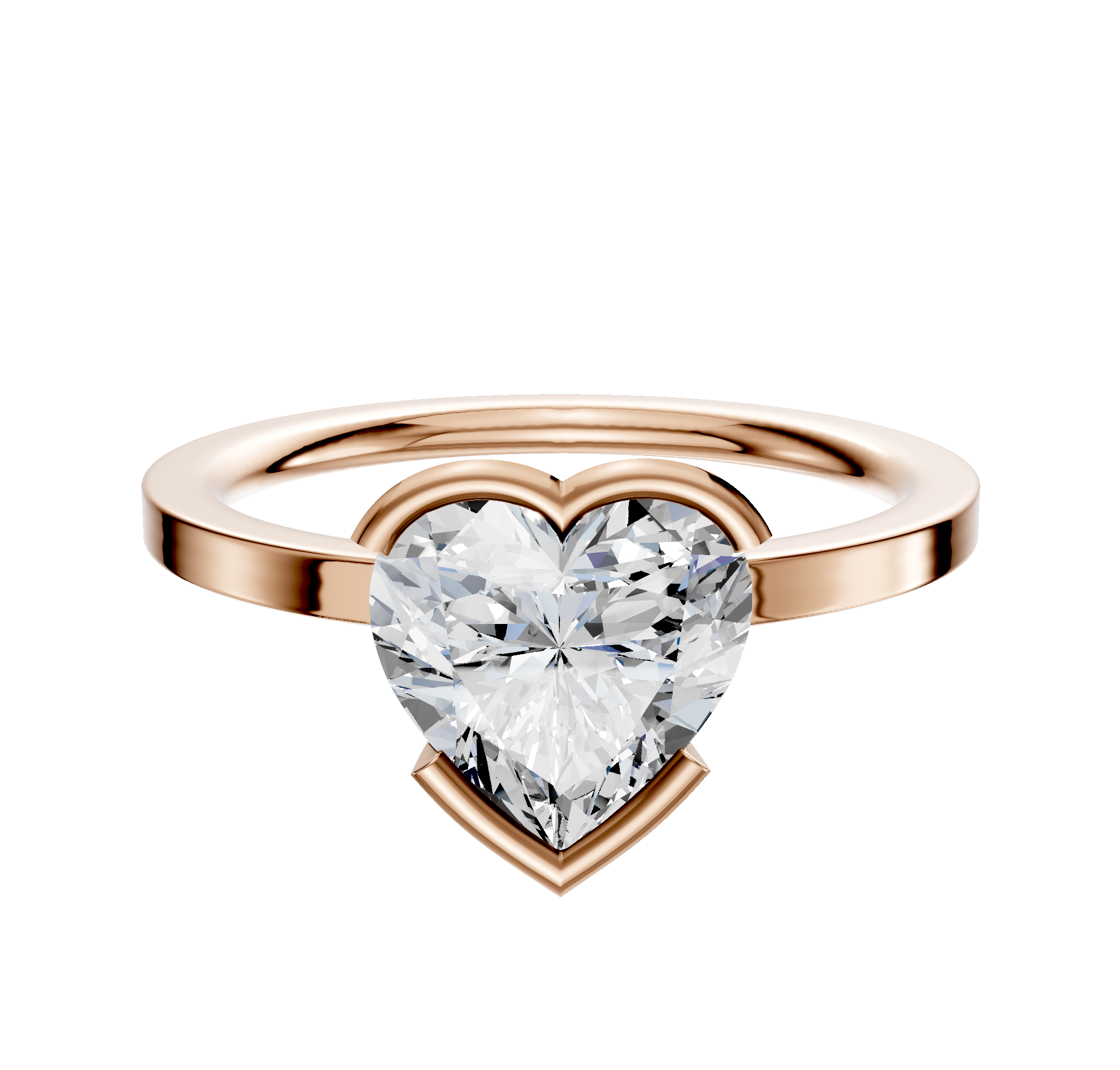 An 18K rose gold bezel half bezel East/West classic flat 1.5mm engagement ring is shown against a plain white background.