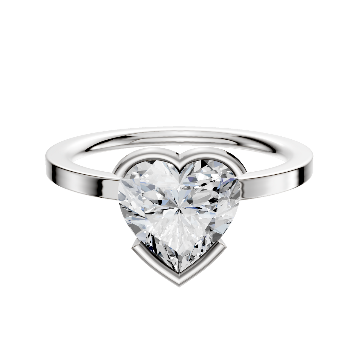 A 14K white gold bezel half bezel east/west classic flat 1.5mm engagement ring displayed with a large heart-shaped clear gemstone at the center against a plain white background.