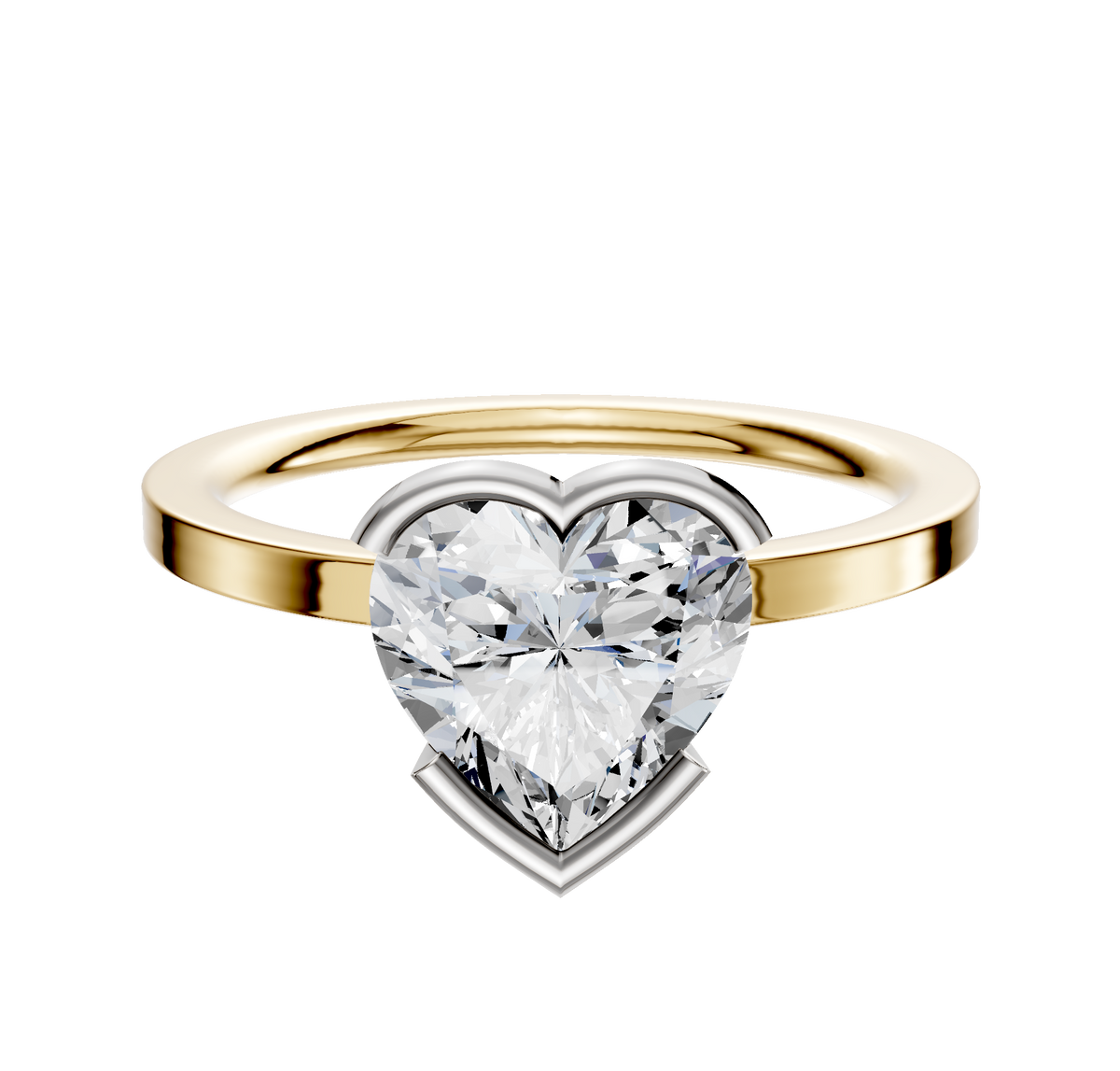 The 18K Two Tone Bezel Half Bezel East/West Classic Flat 1.5mm Engagement Ring features a sophisticated design, displayed against a plain white background.