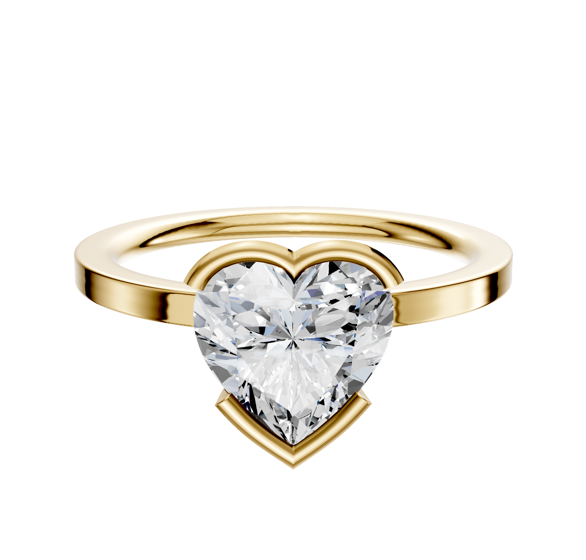 A 14K yellow gold bezel half bezel East/West classic flat 1.5mm engagement ring is shown on a plain white background.
