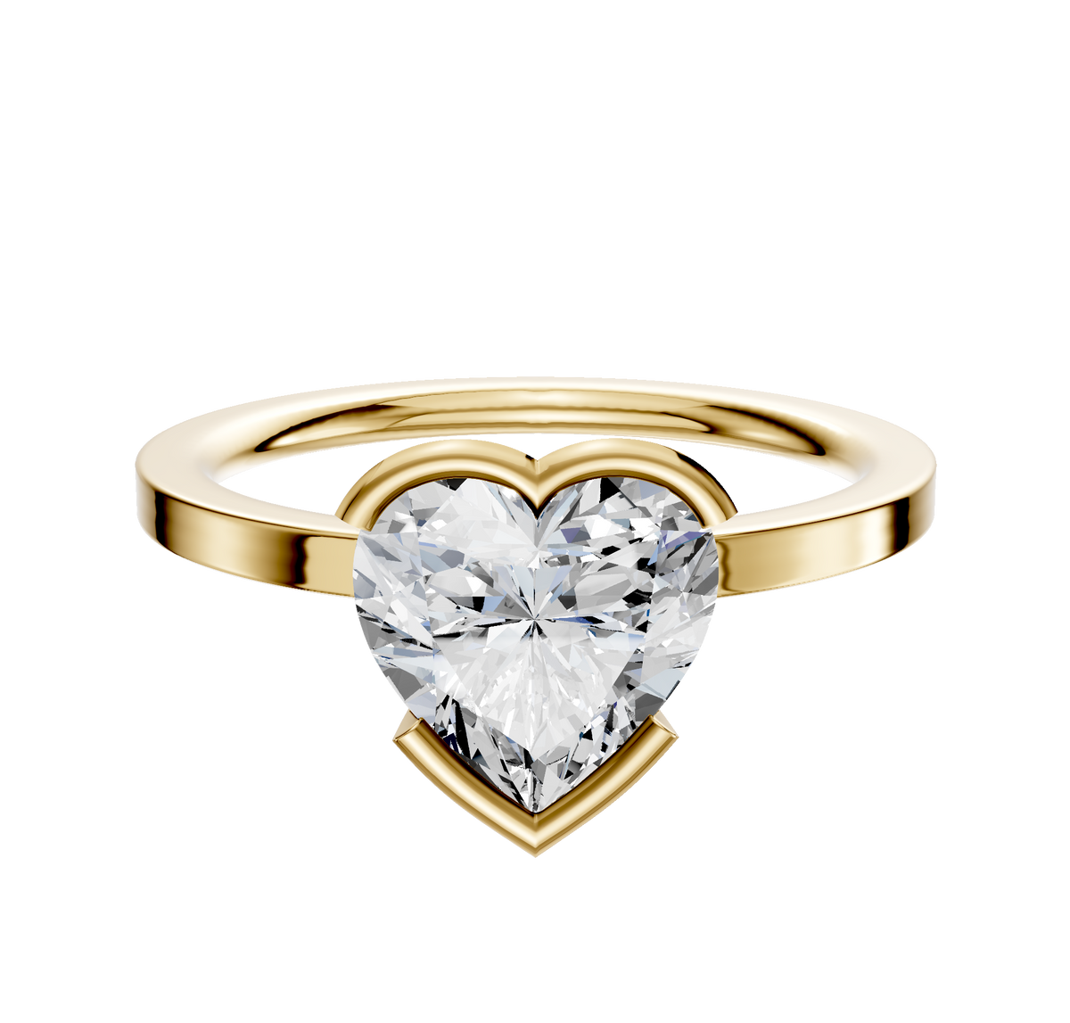 An 18K yellow gold bezel half bezel East/West classic flat 1.5mm engagement ring showcased against a plain white background.