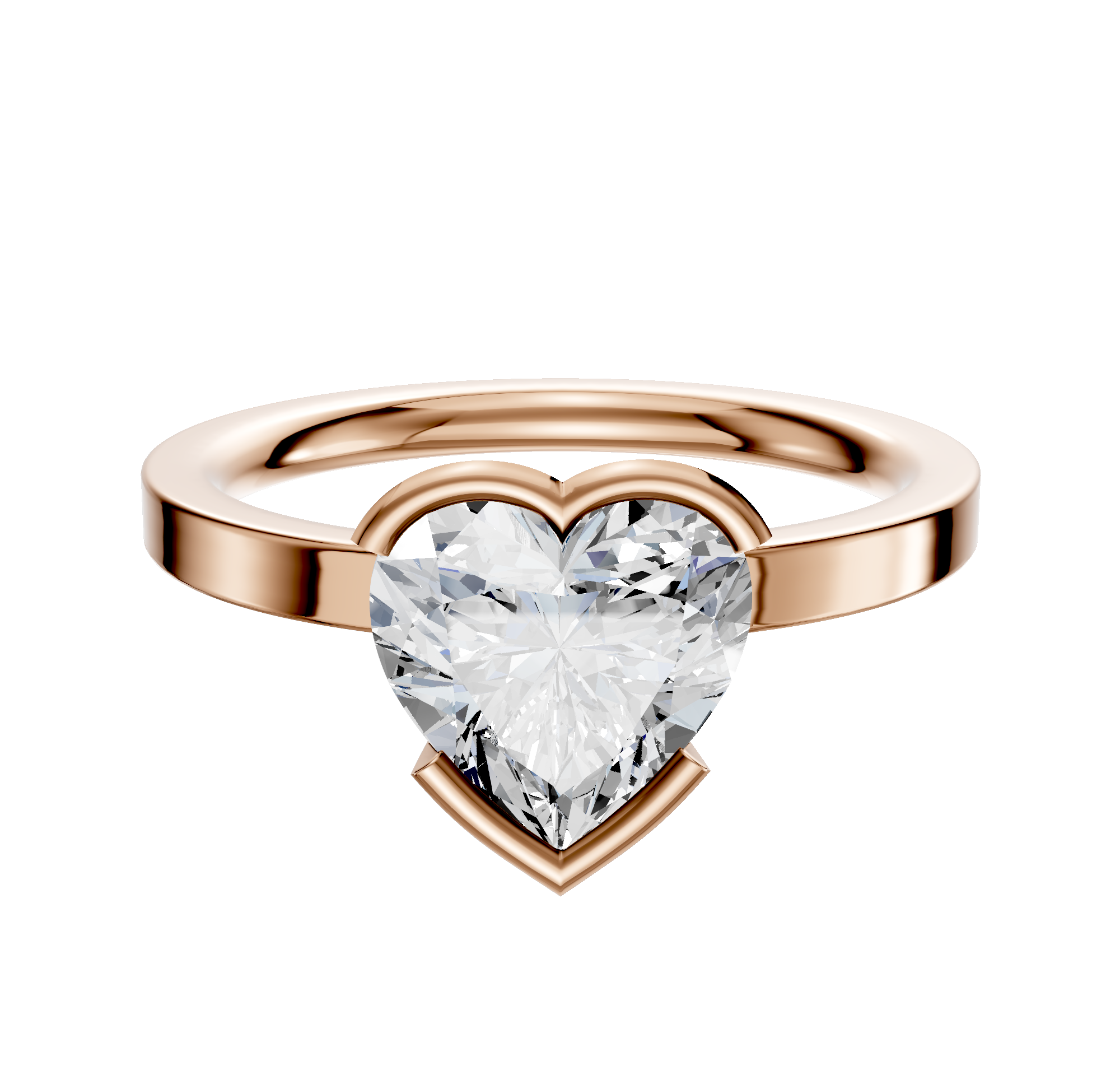 A 14K rose gold bezel half bezel east/west classic flat 2.0mm engagement ring is displayed against a plain white background.