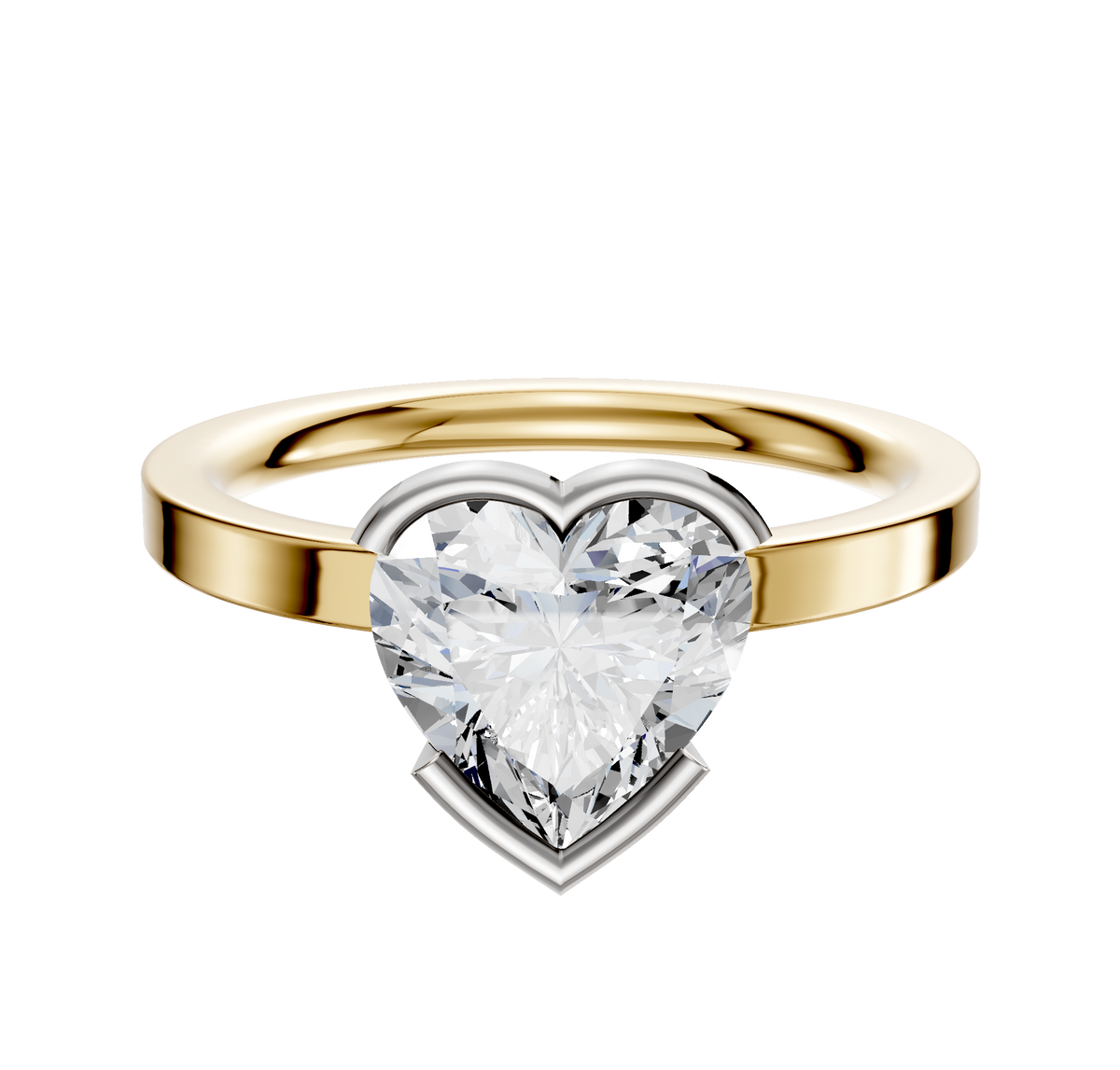 A 14K two-tone half bezel East/West classic flat 2.0mm engagement ring, displayed against a plain white background.