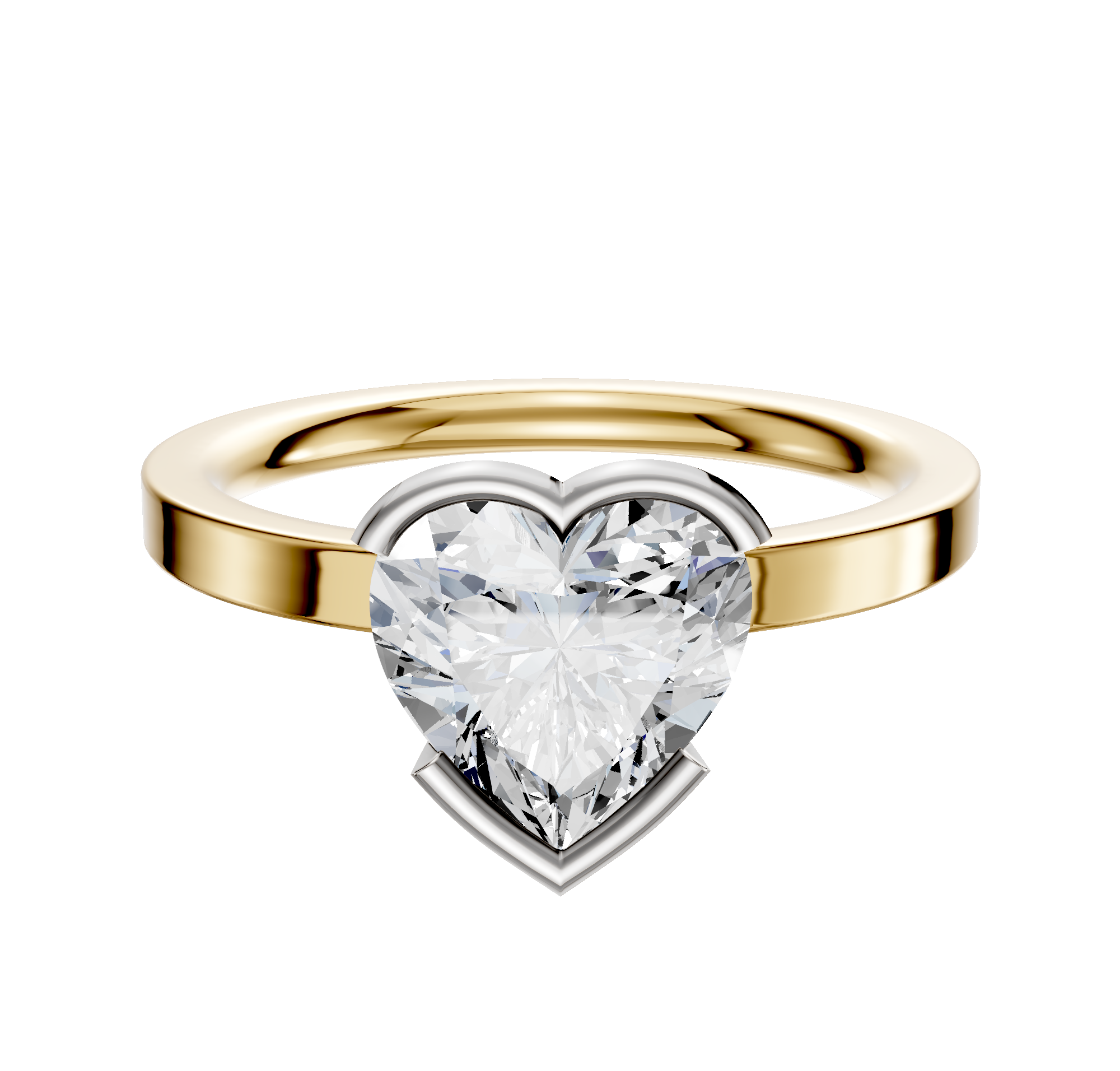 An 18K two tone bezel half bezel East/West classic flat 2.0mm engagement ring displayed against a plain white background.