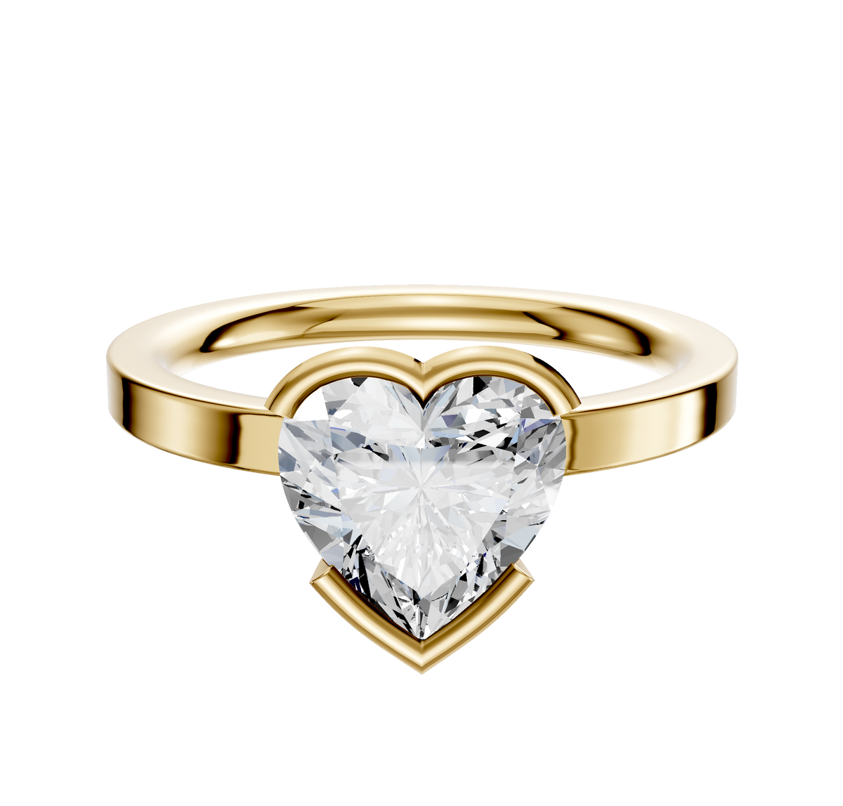 An 18K yellow gold Bezel Half Bezel East/West Classic Flat 2.0mm engagement ring is showcased as the centerpiece, set against a plain white background.