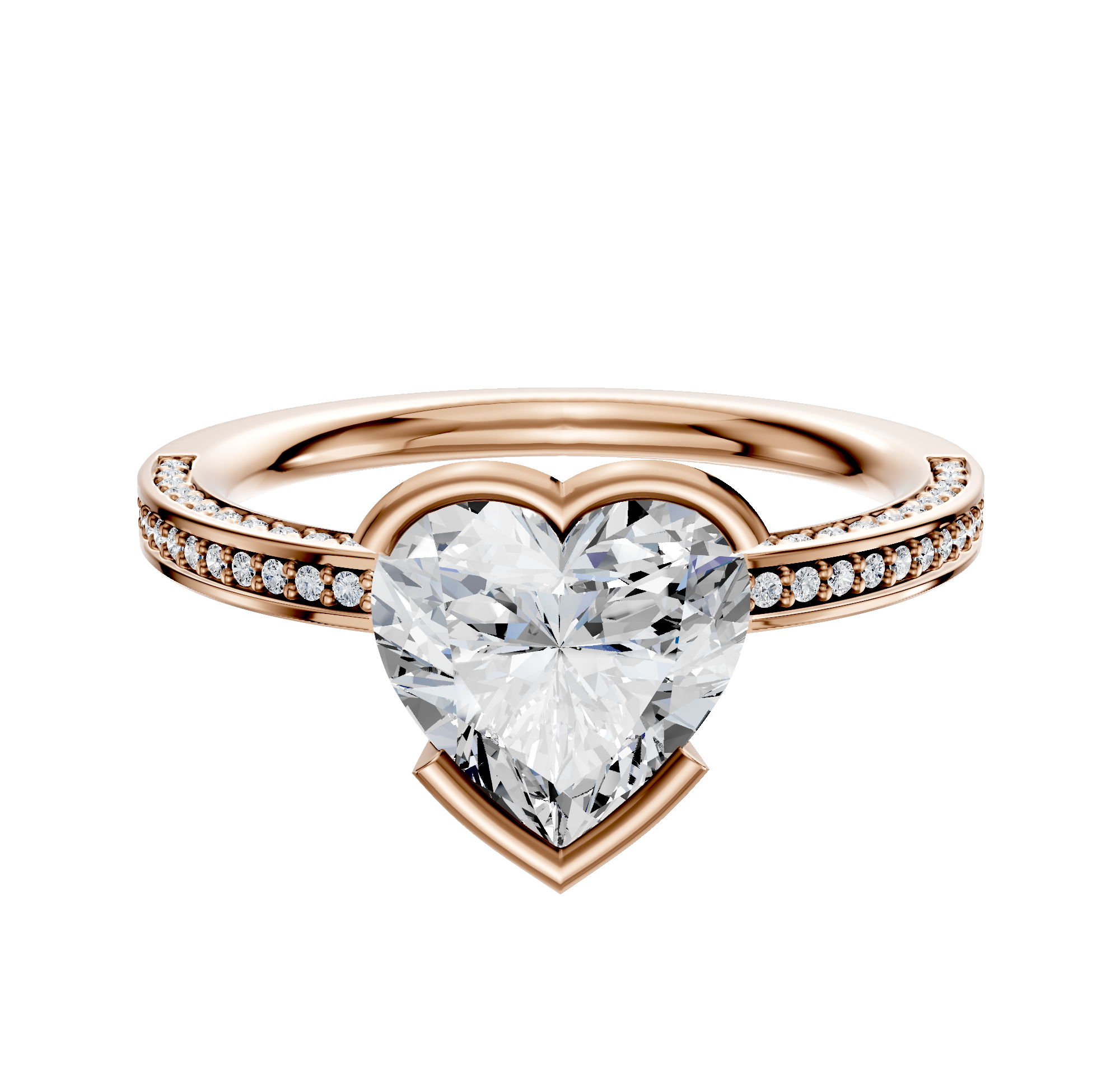 A 14K rose gold engagement ring with a classic flat design, featuring East/West bezel setting and three rows of pavé diamonds along the 2.0mm band.